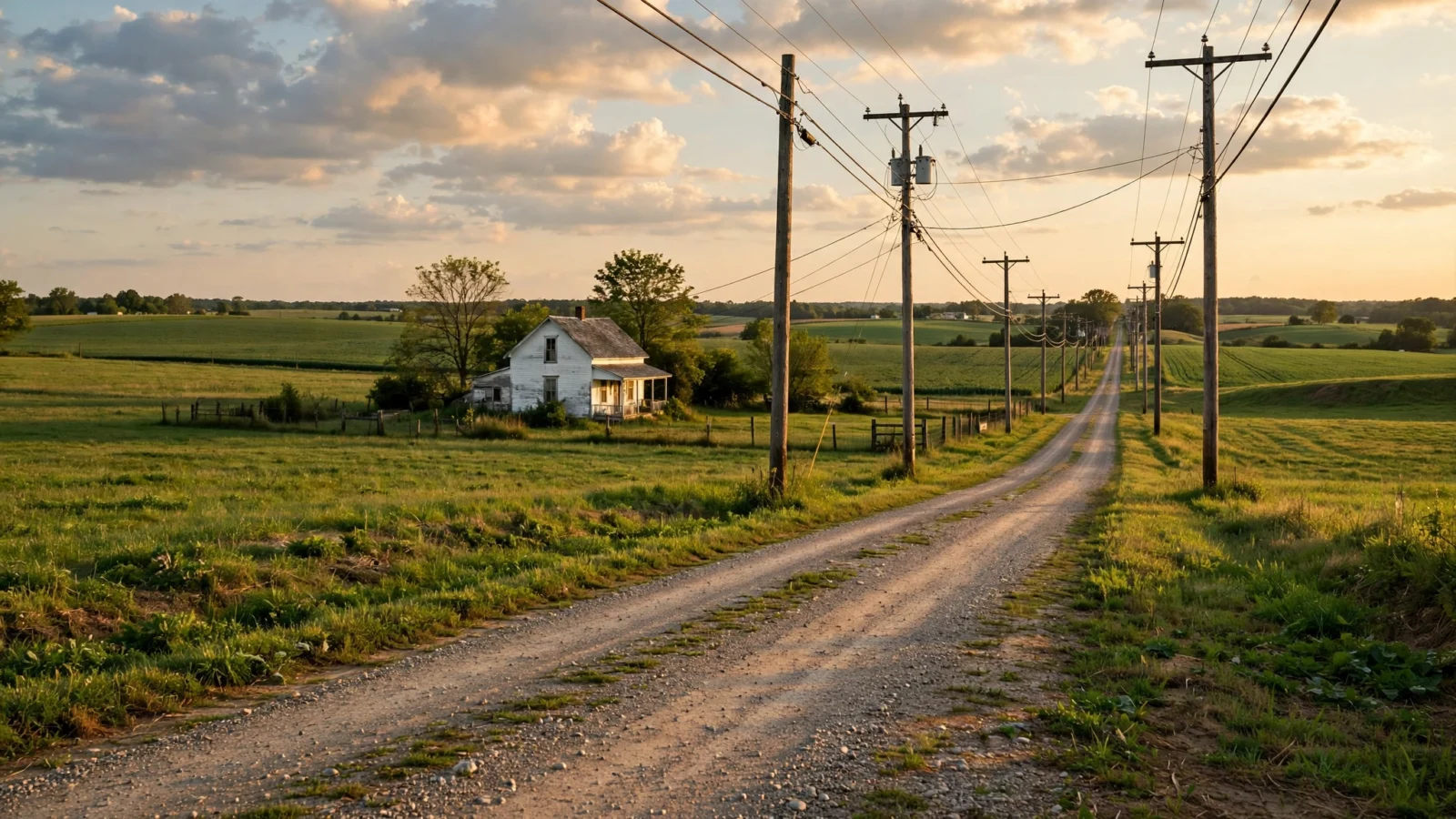 Wooden utility poles line a gravel road through farmland at sunrise, with a white farmhouse nearby