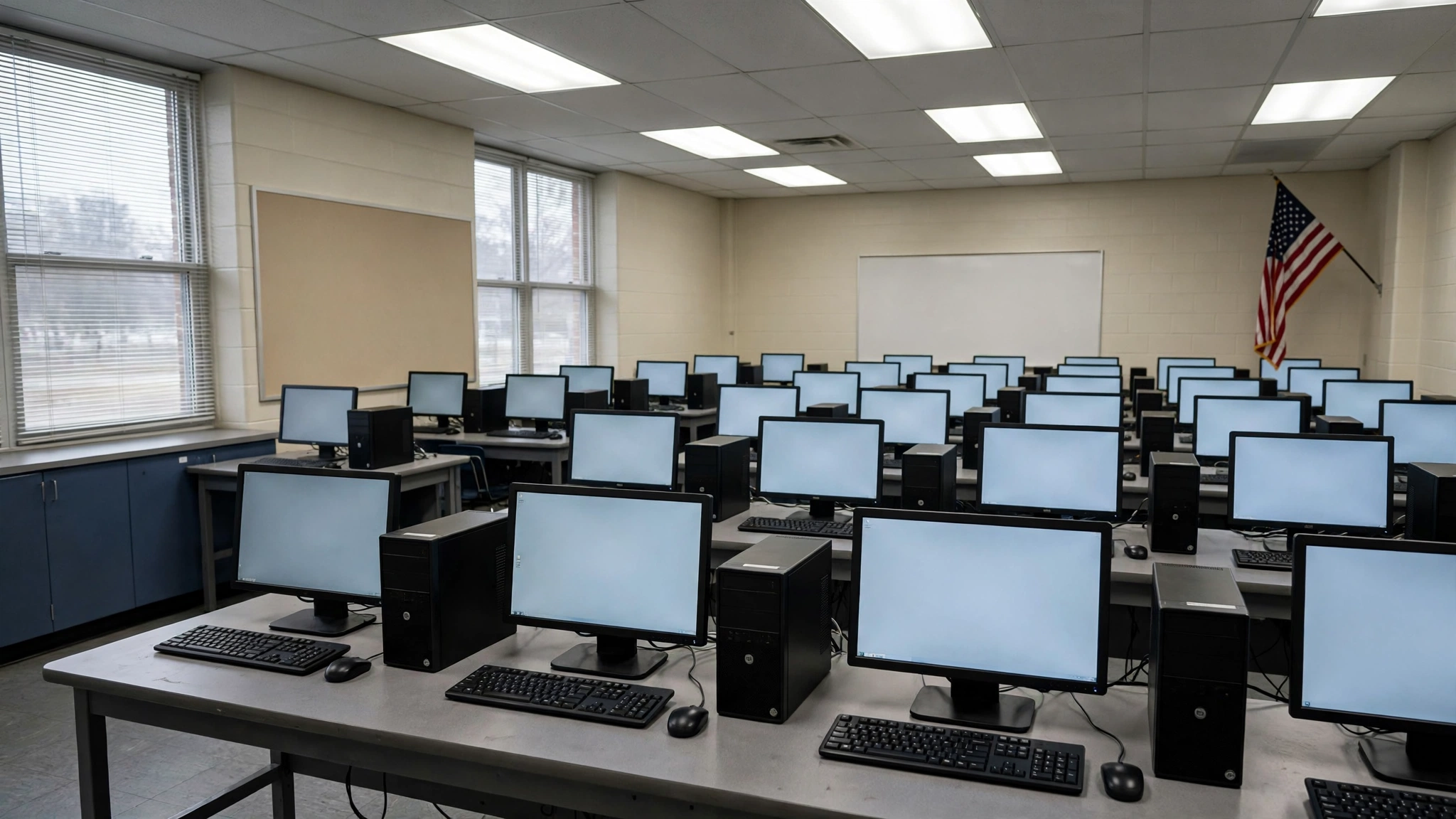 Rows of desktop computers on desks in an empty school computer classroom