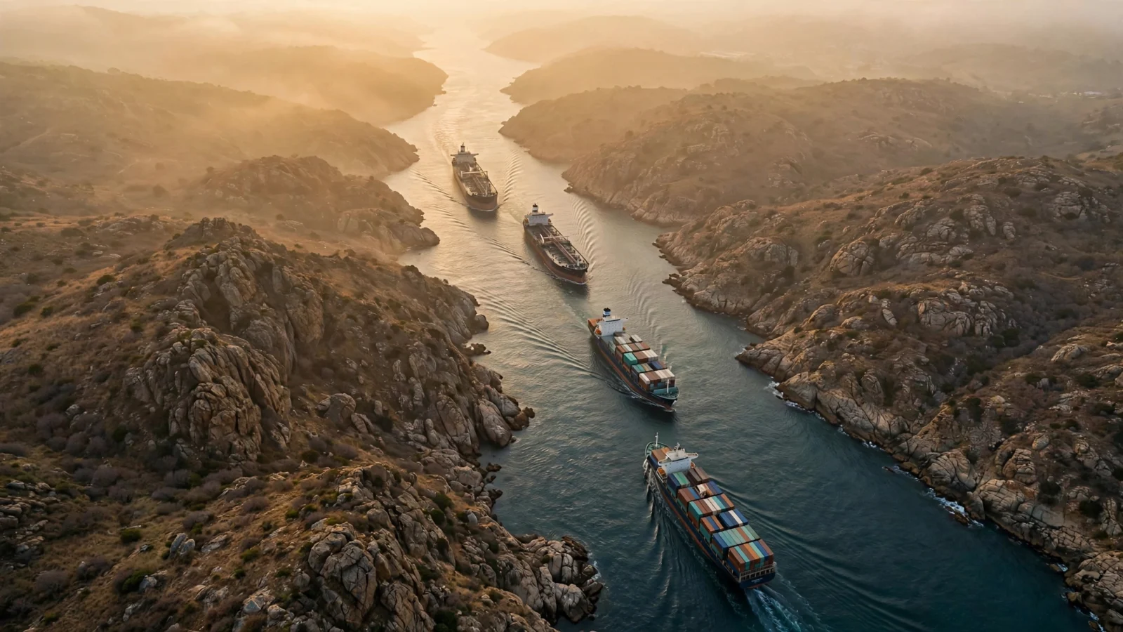 Aerial view of oil tankers and container ships sailing through a narrow sea strait between rocky coastlines at golden hour