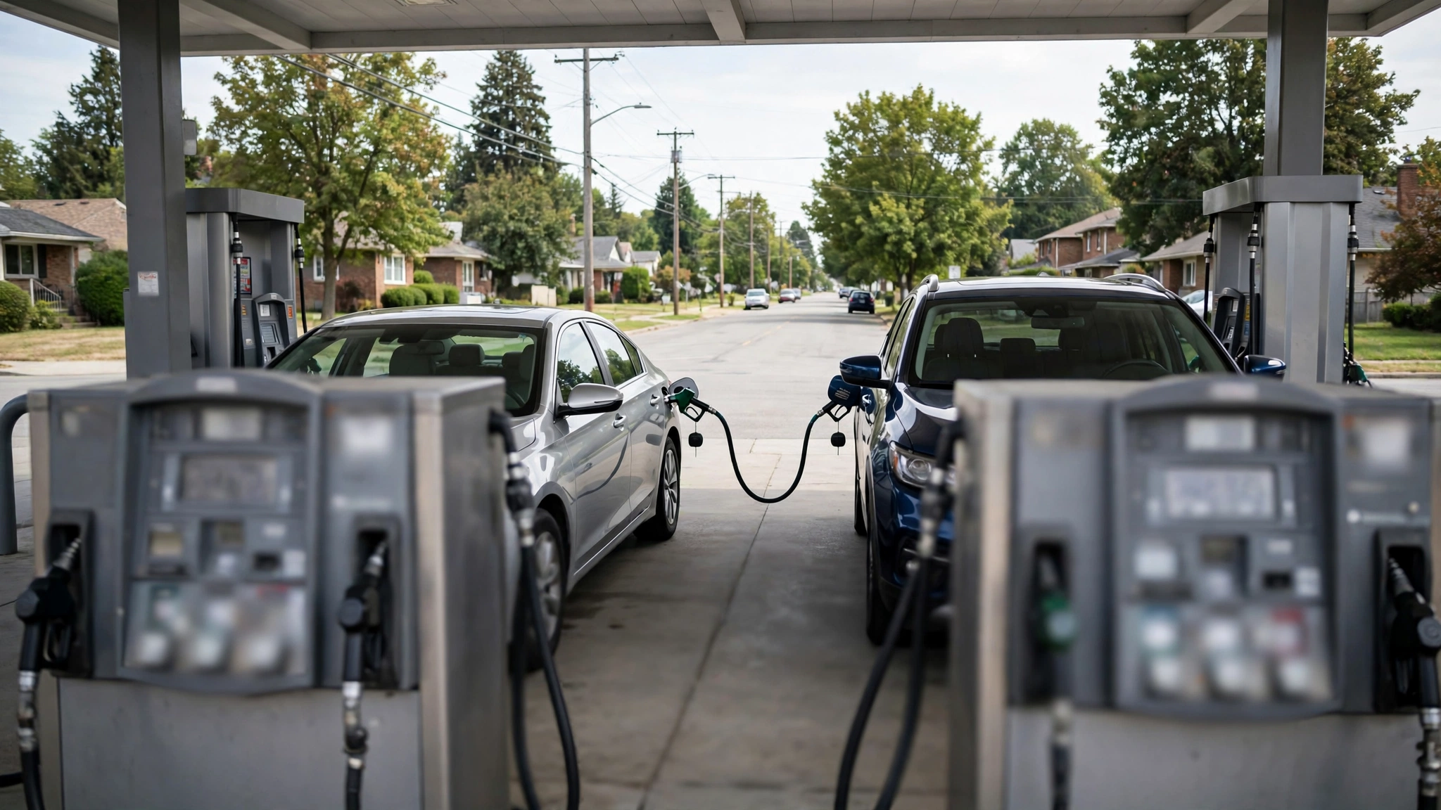 Cars refueling at pumps at an American gas station in daytime