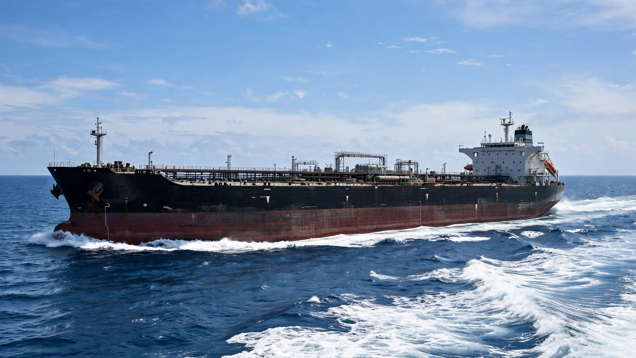 A large oil tanker sailing on open ocean under a blue sky