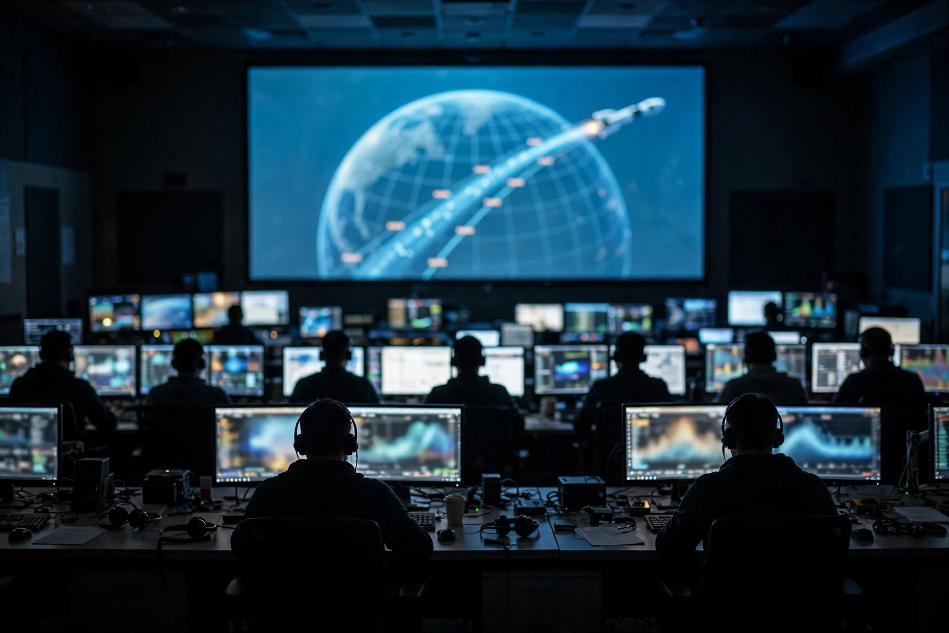 Technicians at consoles in a rocket launch mission control room