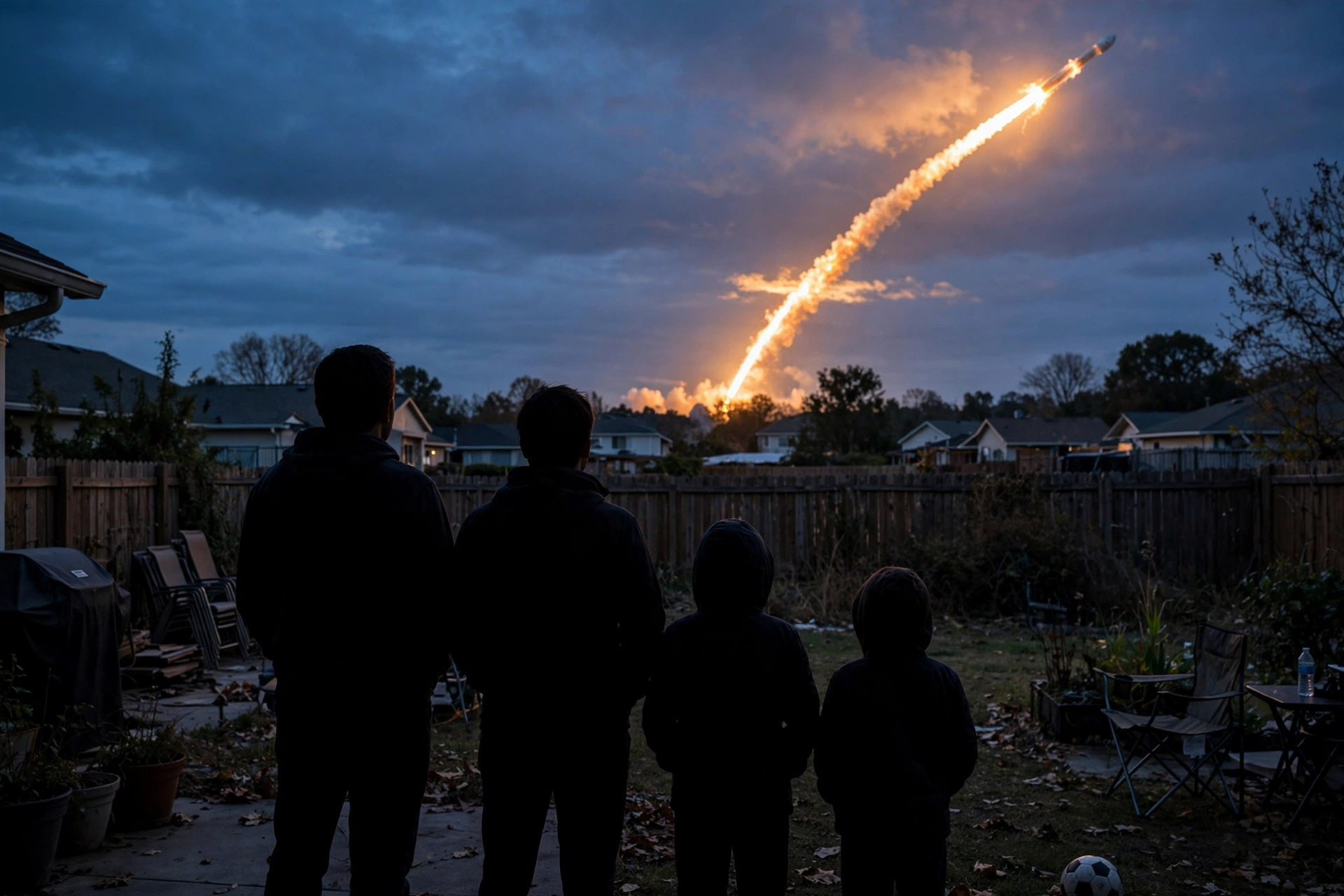 Silhouettes of a family with two children watching a rocket launch from a backyard at dusk