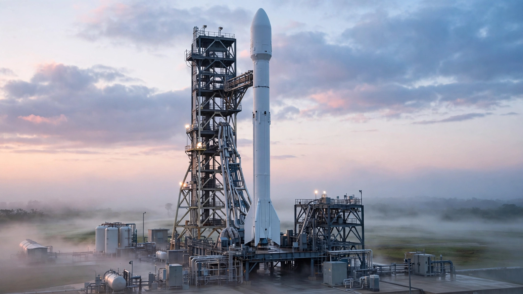 A white rocket standing on a launch pad at dawn