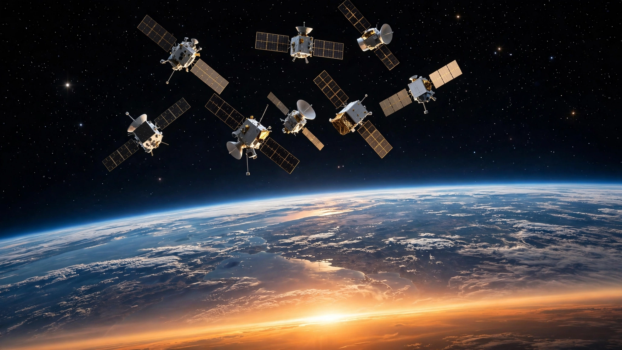 A group of satellites orbiting above Earth with sunrise glow on the horizon