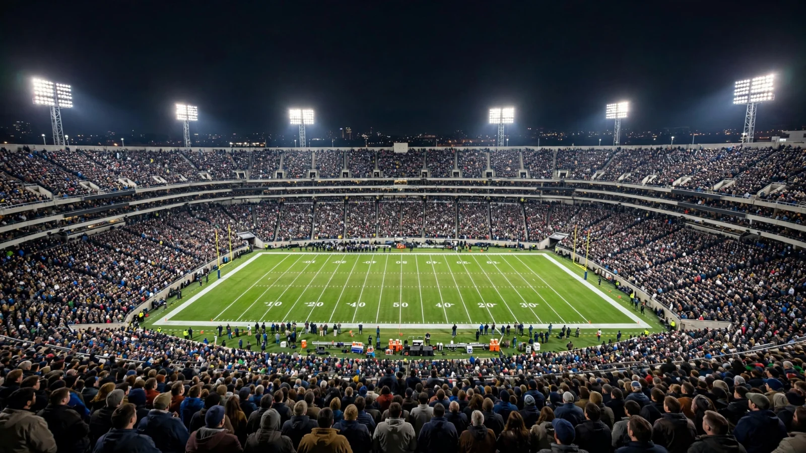 A packed American football stadium lit by floodlights at night, with the field lit green below the stands