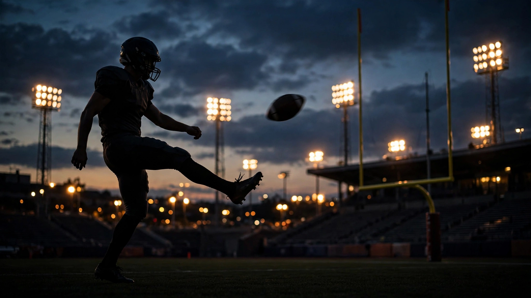 A silhouetted football kicker striking a field goal at dusk, with the goalposts and stadium lights behind