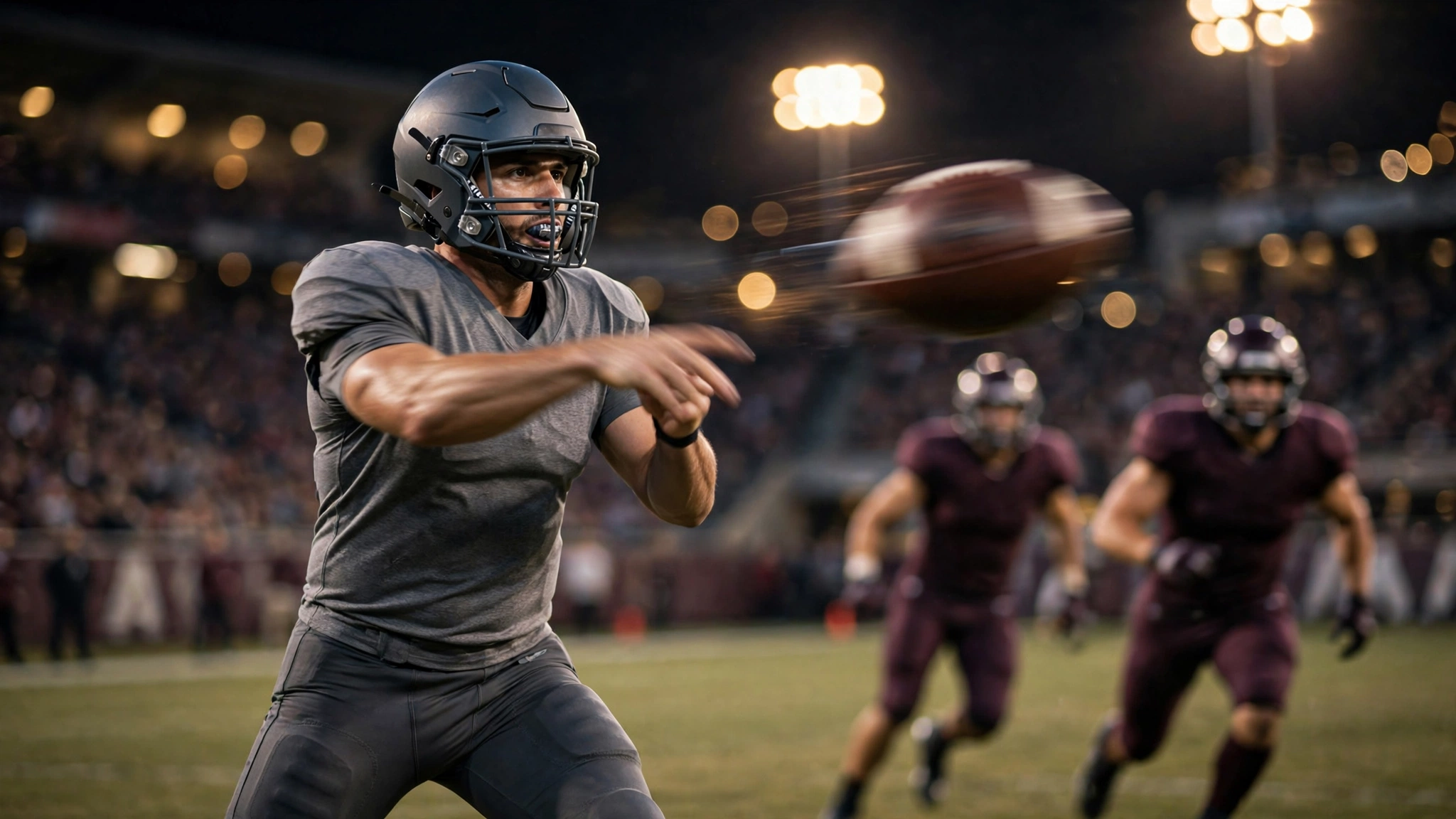A quarterback in a gray uniform releasing a pass as defenders rush in under stadium lights
