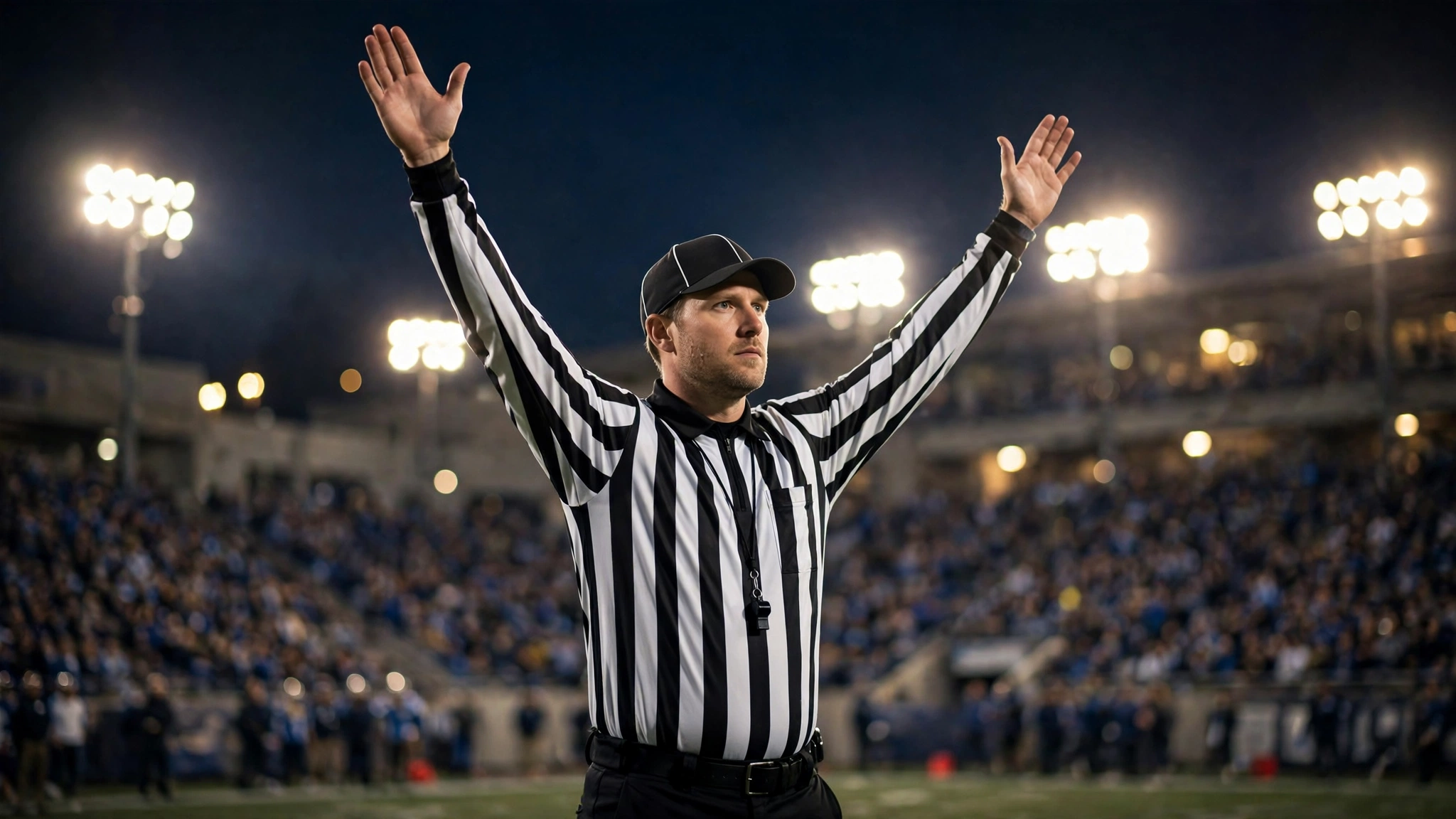 A referee in a black-and-white striped shirt signaling a touchdown with both arms raised at night