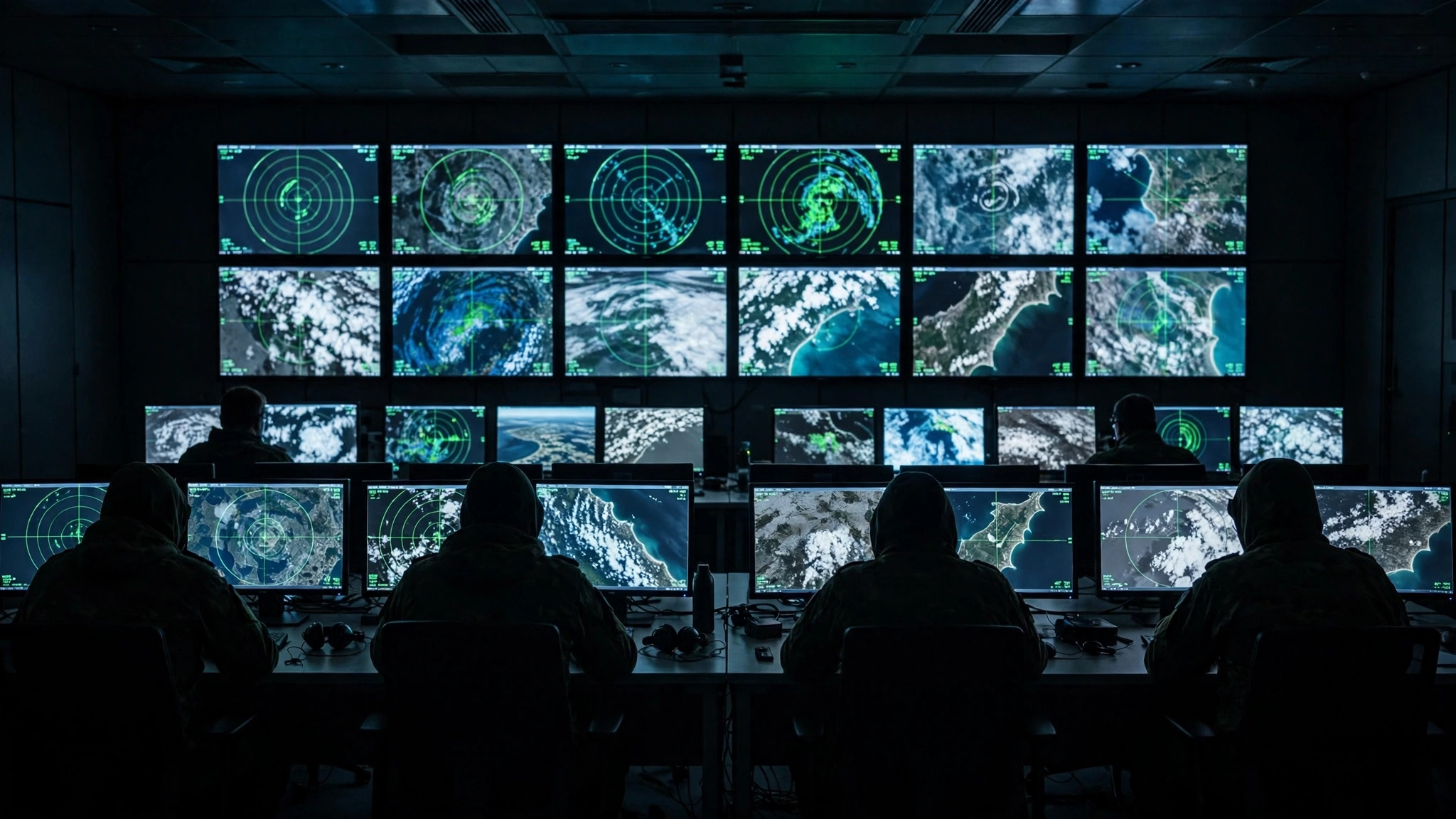 Silhouetted operators in a dark intelligence operations center watching rows of radar and satellite monitors
