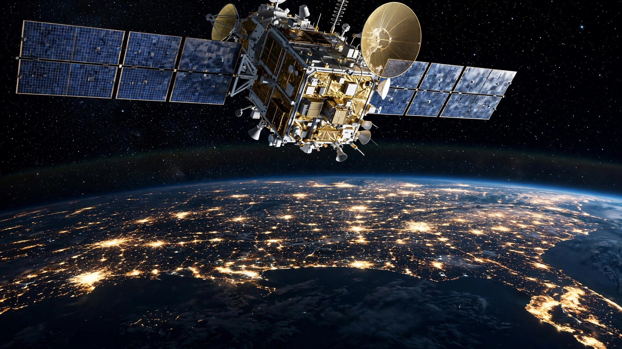 A communications satellite orbiting above Earth at night, with city lights glowing below