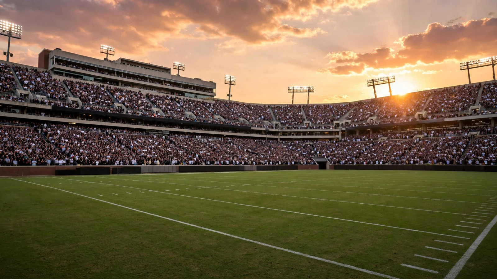 A college football stadium filled with spectators at sunset, with a green field in the foreground