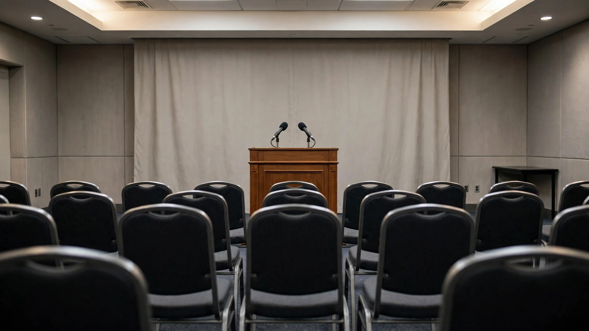 An empty press conference room with a wooden podium, two microphones and rows of chairs