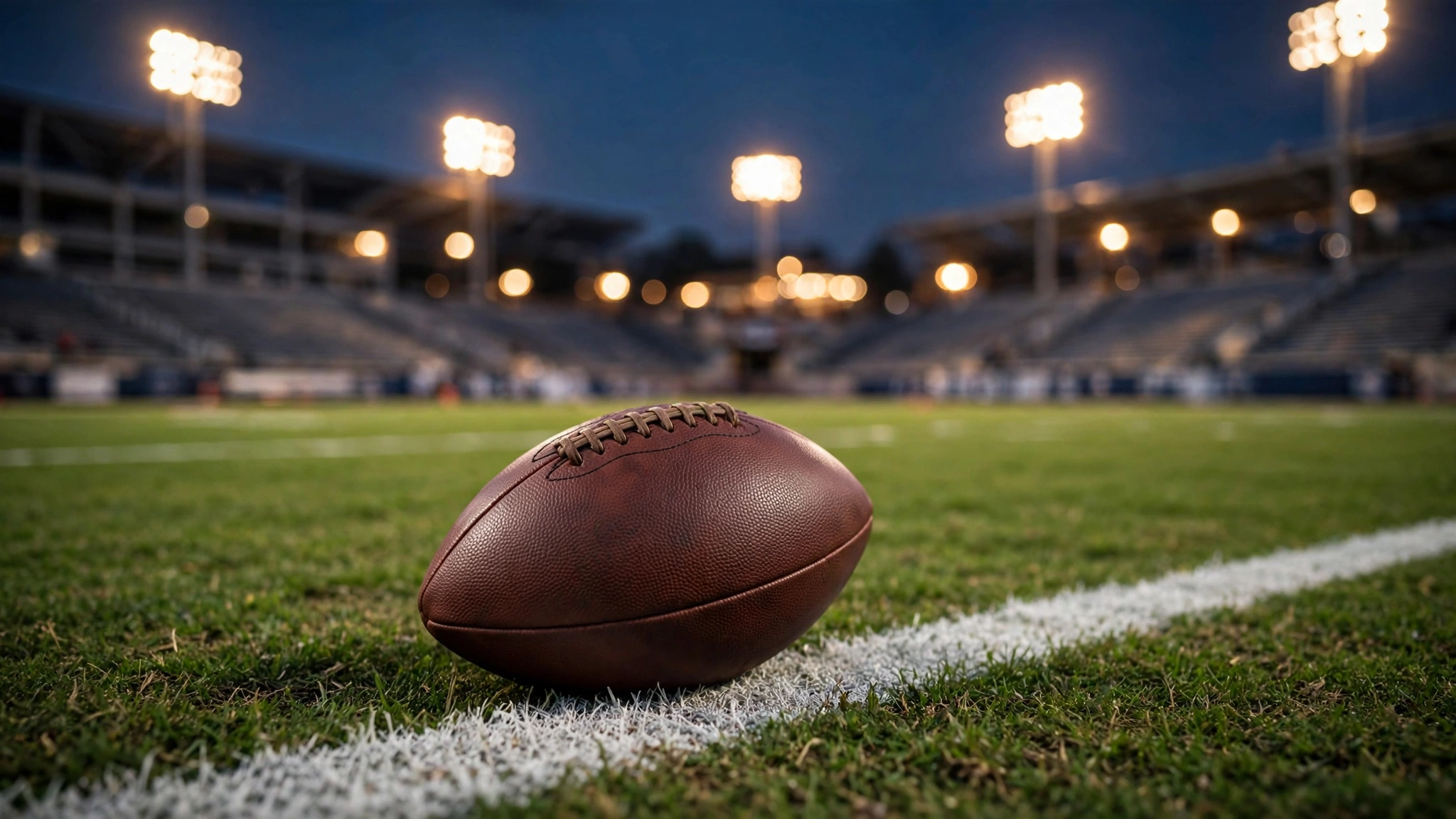 A football resting on grass near a yard line under stadium lights at night