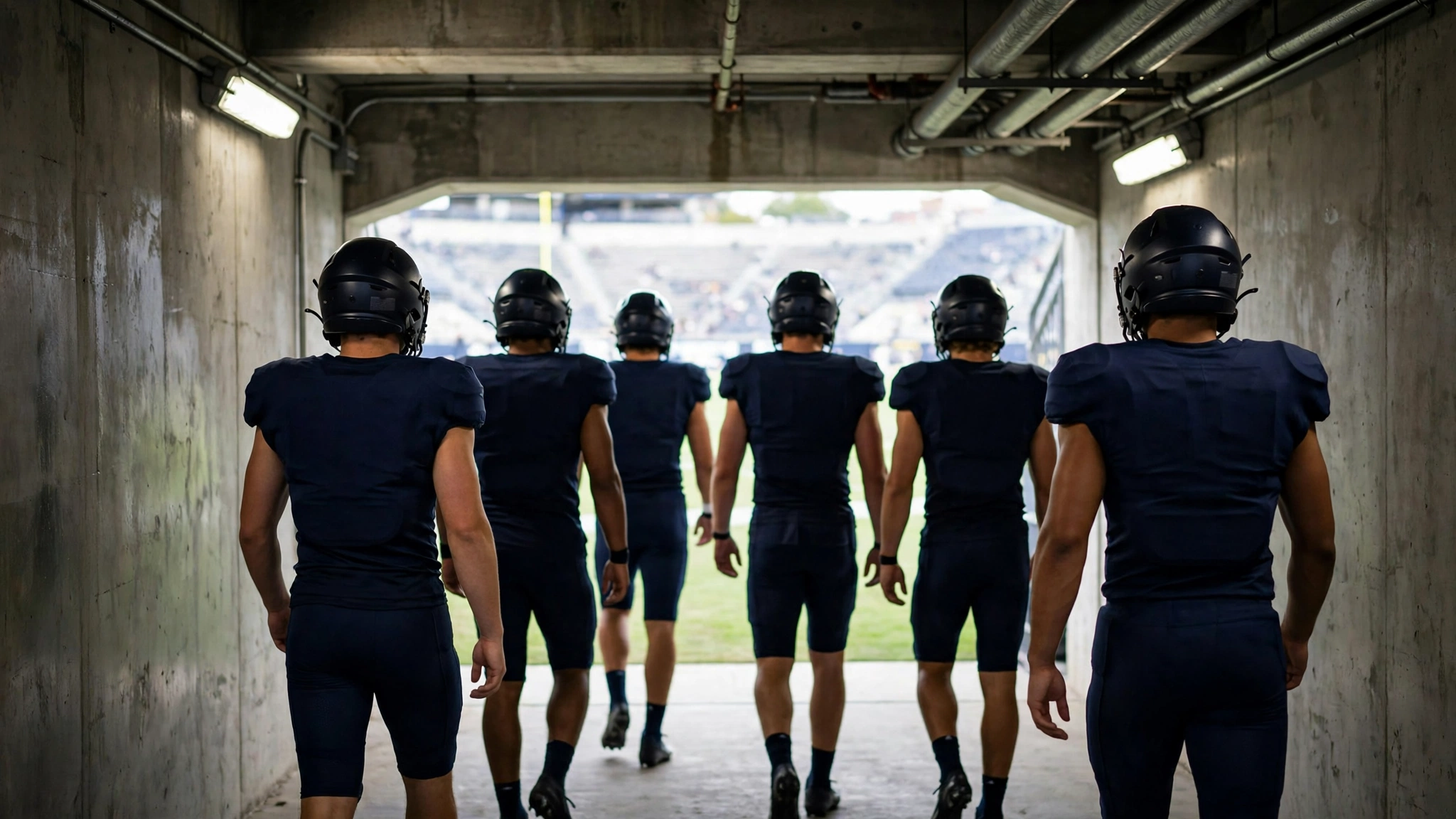 Football players in dark unmarked uniforms and helmets seen from behind walking through a stadium tunnel toward the field