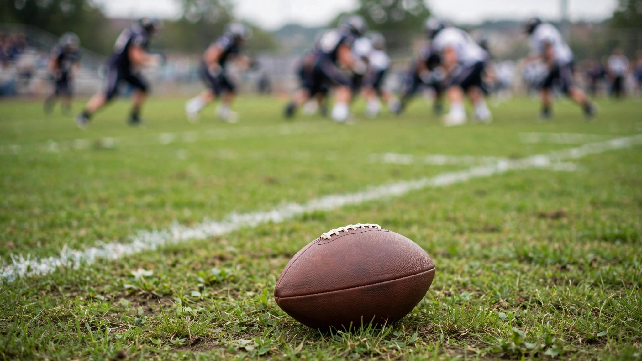 An American football resting on a grass field with yard lines, with players blurred in the background