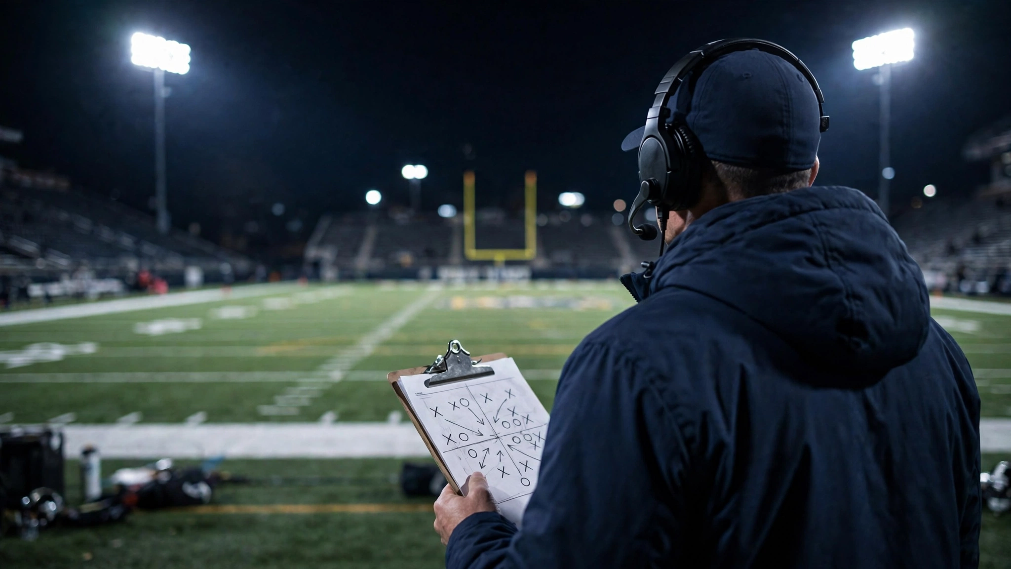 A football coach seen from behind on a sideline at night holding a play sheet, facing a lit field