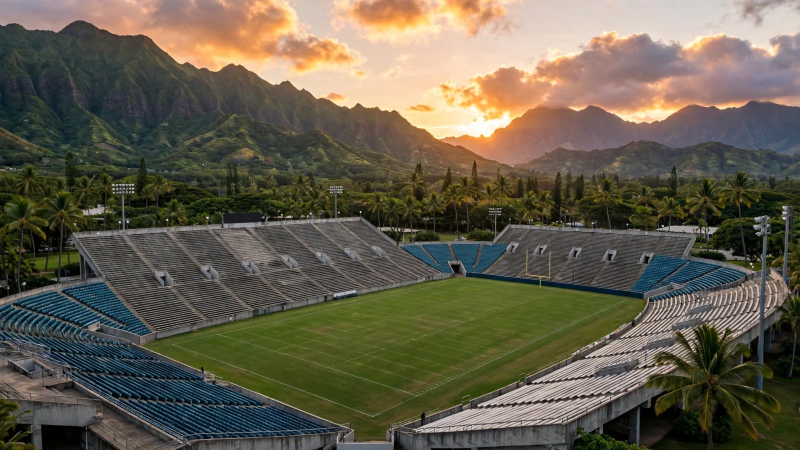 An empty college football stadium in Hawaii at sunset with palm trees and green mountains behind it