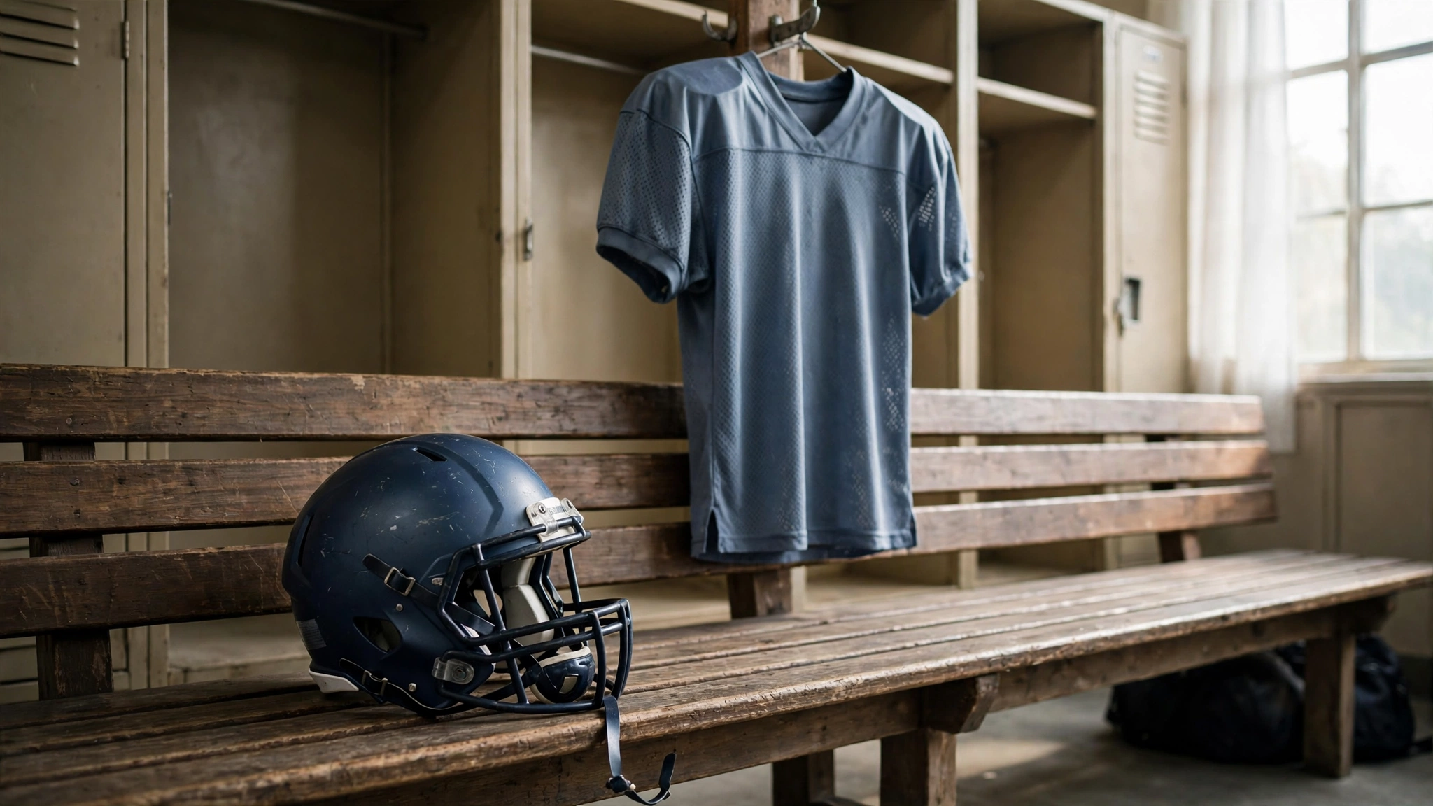 A dark football helmet on a wooden bench in a locker room with a plain jersey hanging behind it