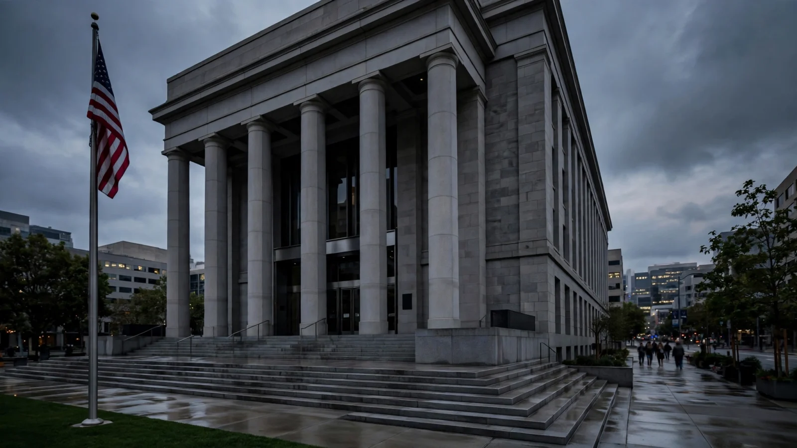 A stone federal courthouse building with tall columns and wide steps, an American flag on a pole in front, under an overcast evening sky.