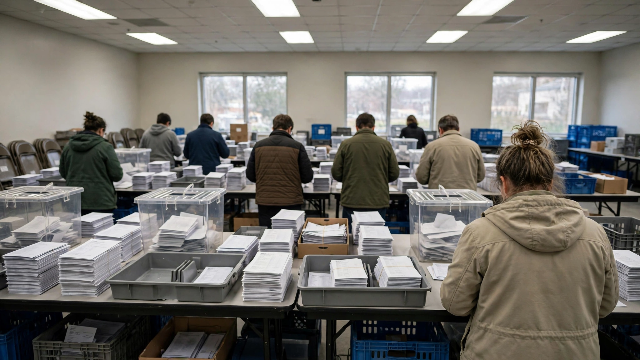 Election workers sorting stacks of paper ballots at long tables in a counting room, seen from behind.