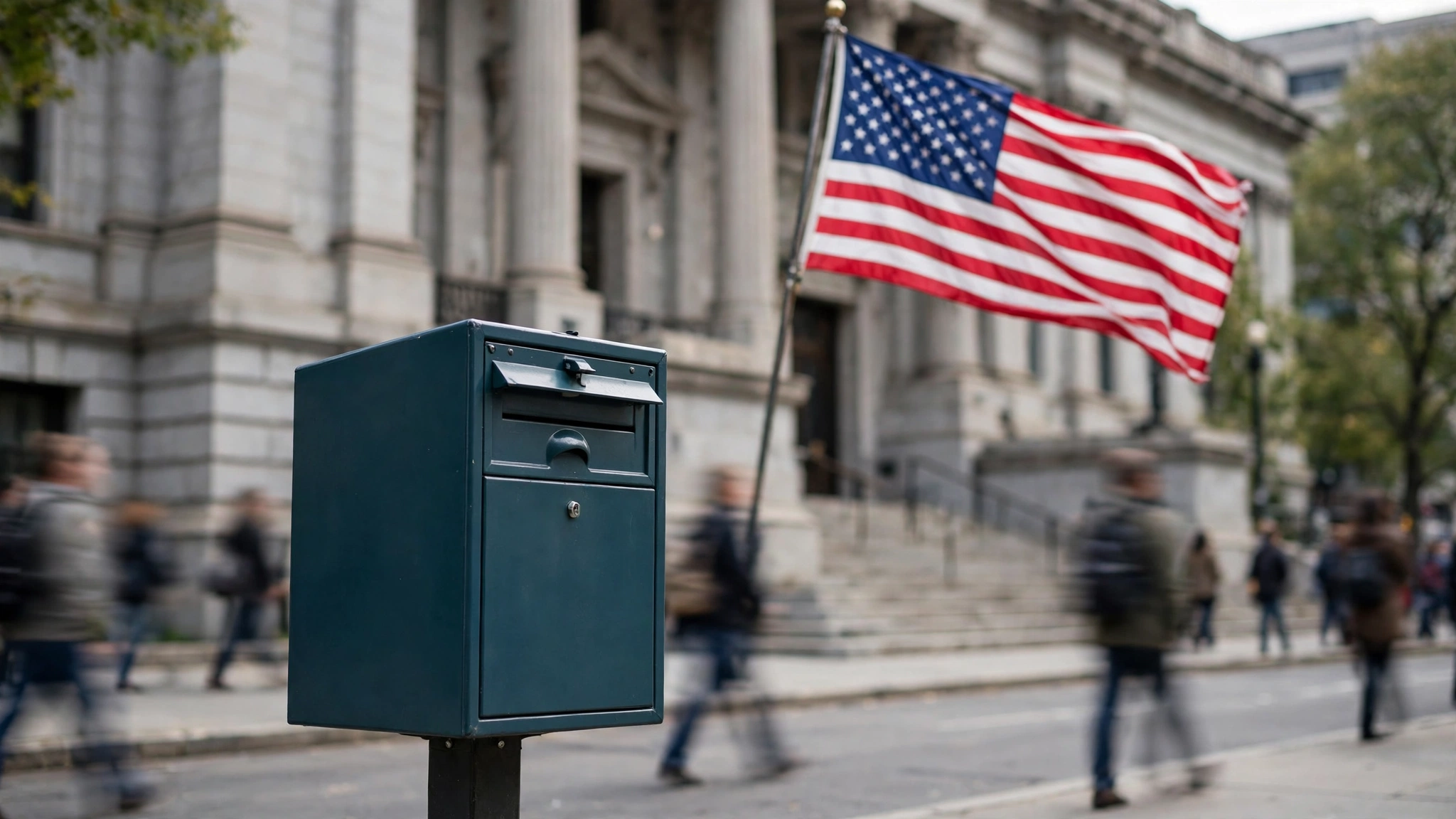 A dark green ballot drop box on a sidewalk in front of a stone civic building, with an American flag waving nearby and blurred pedestrians passing.