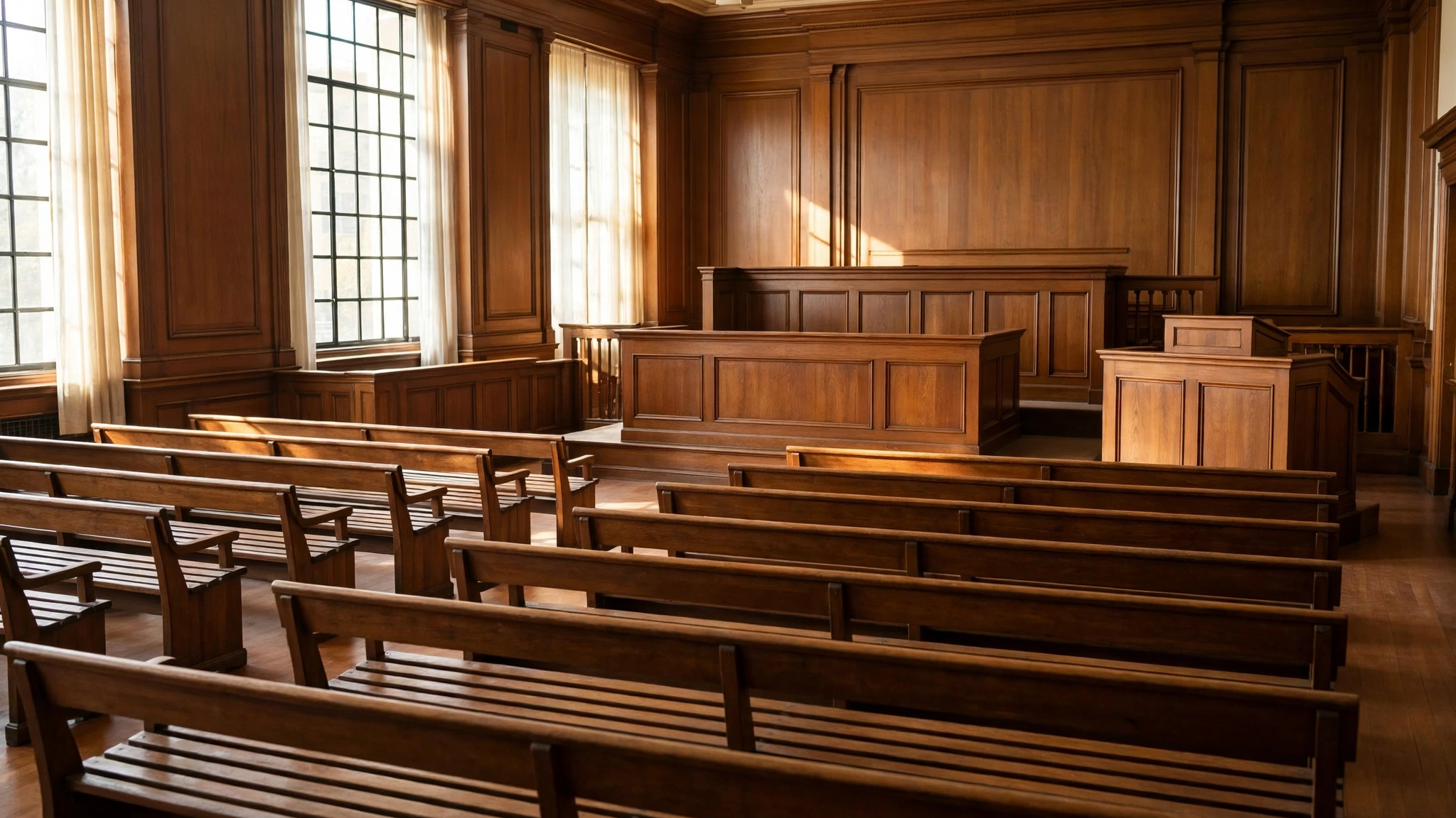 An empty courtroom with wooden benches, a judge bench, and tall windows letting in daylight.