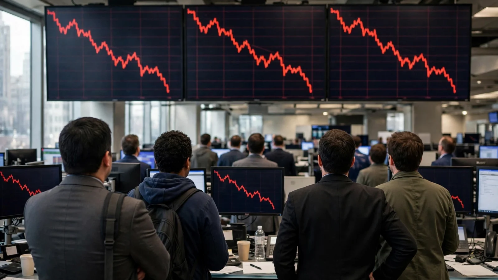 Traders viewed from behind watching large screens showing falling red line charts on a trading floor