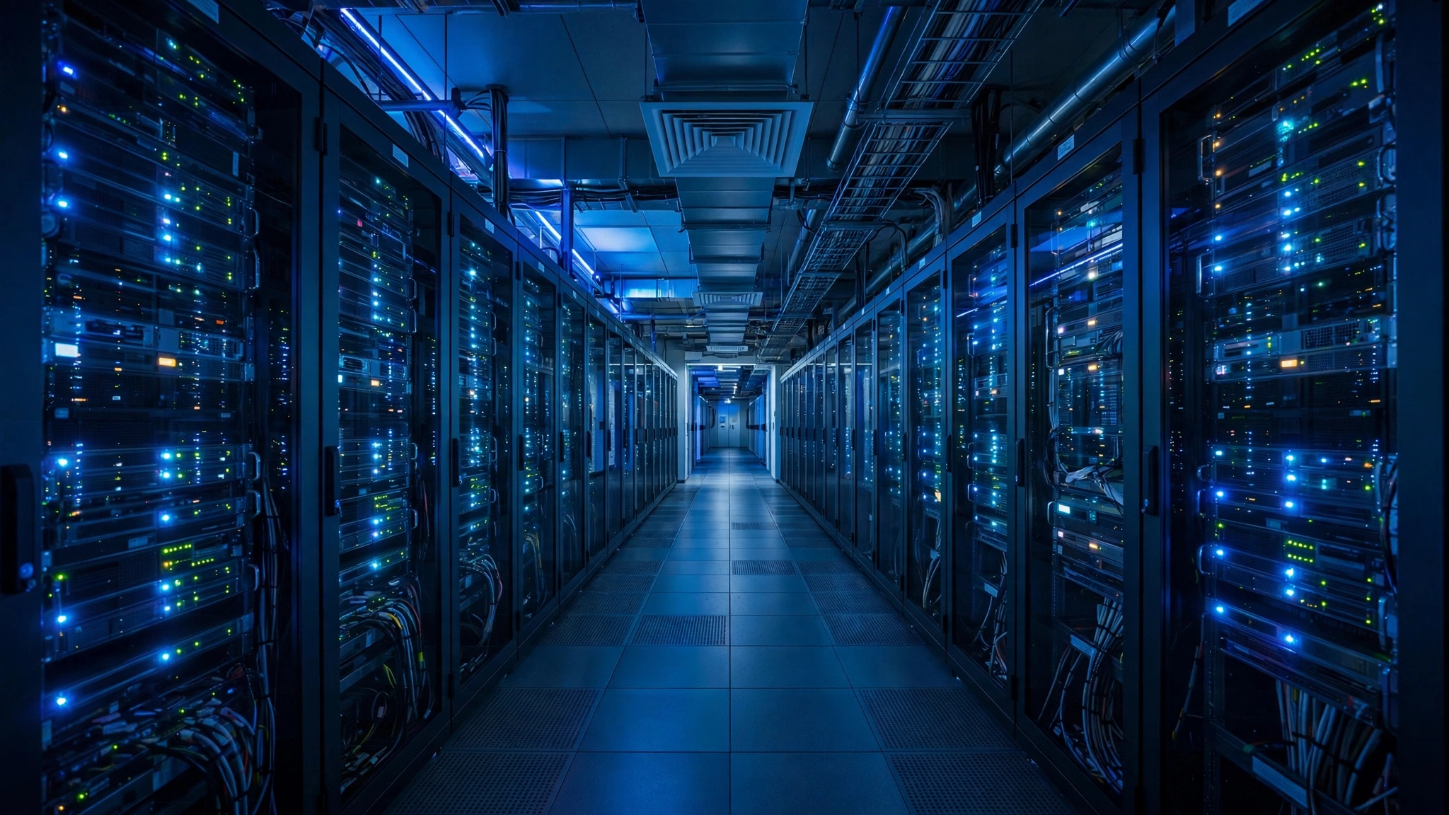 A corridor in a data center lined on both sides with server racks and blinking lights