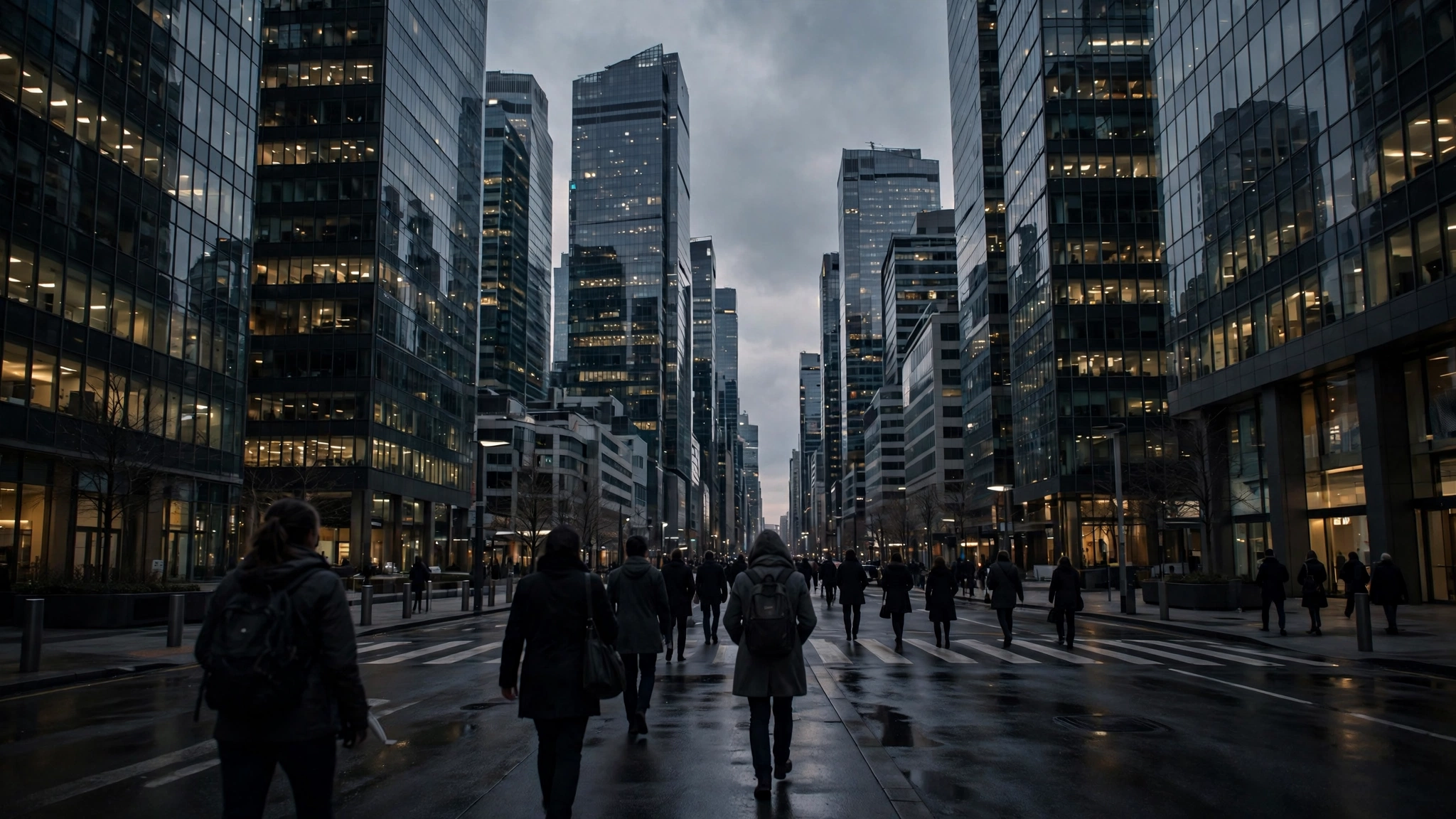 People walking across a wet street between glass office towers in a financial district at dusk