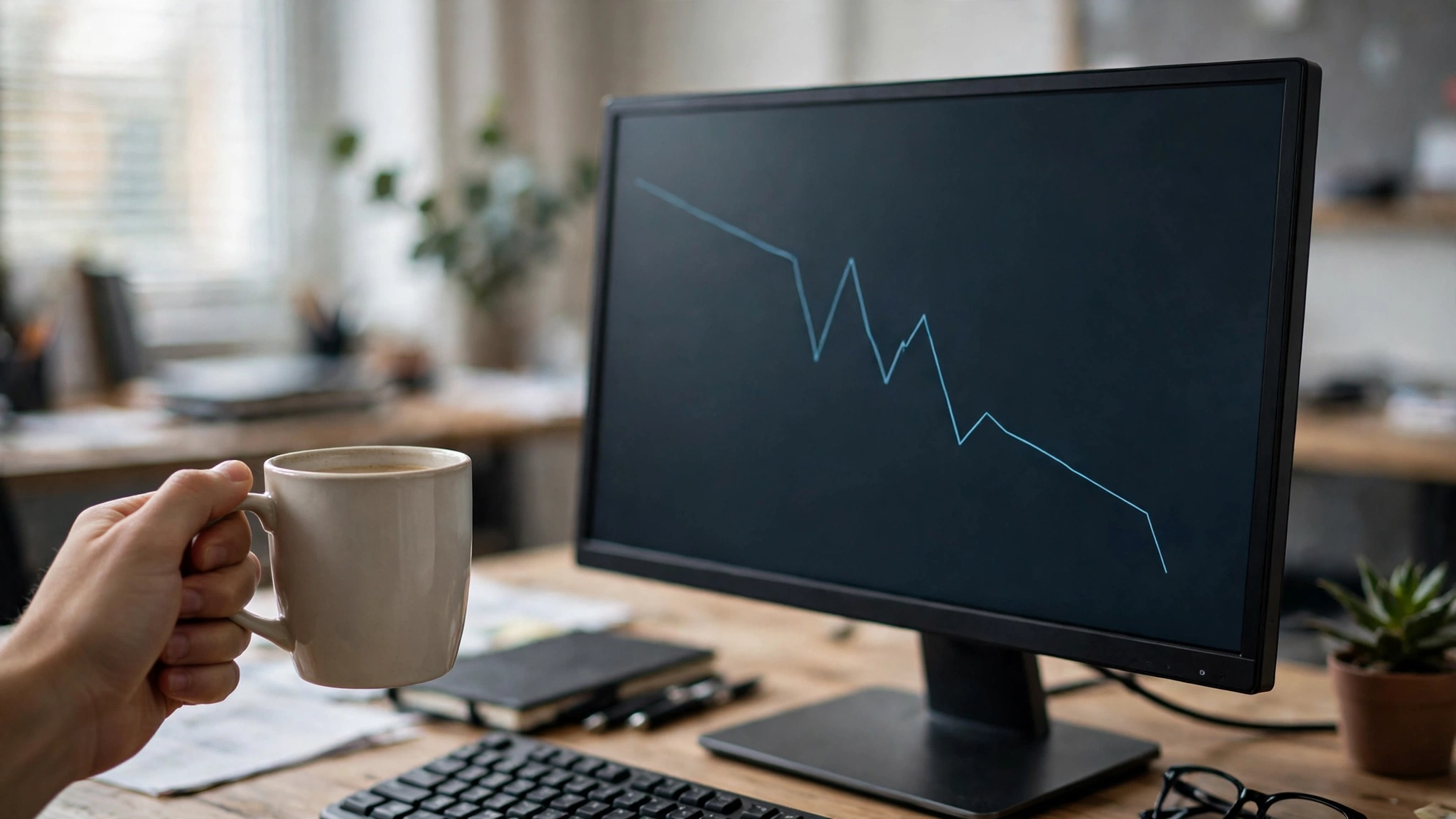 A hand holding a coffee mug next to a computer monitor showing a falling line chart on a desk