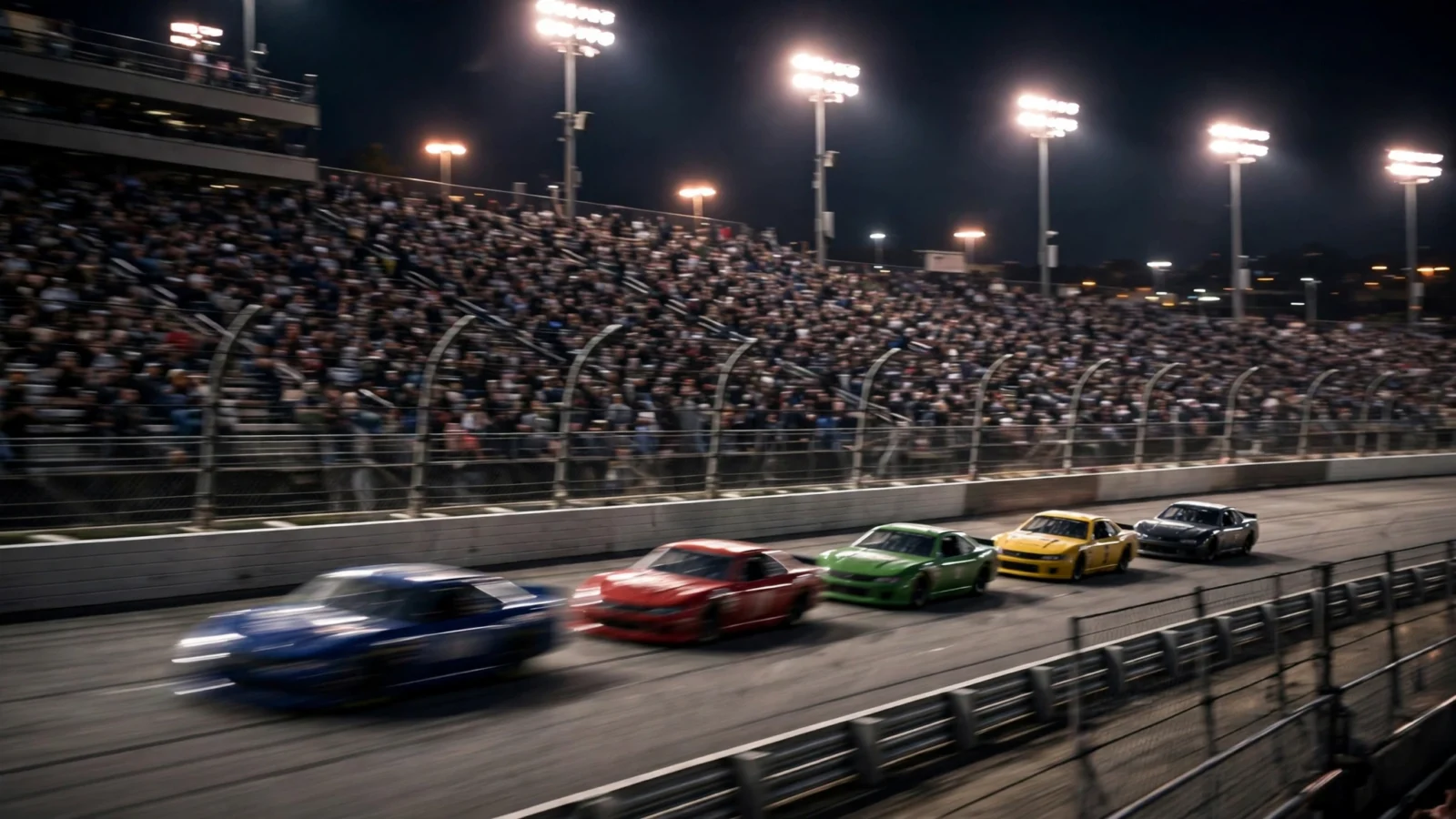 Stock cars racing around a floodlit oval track at night in front of a packed grandstand.