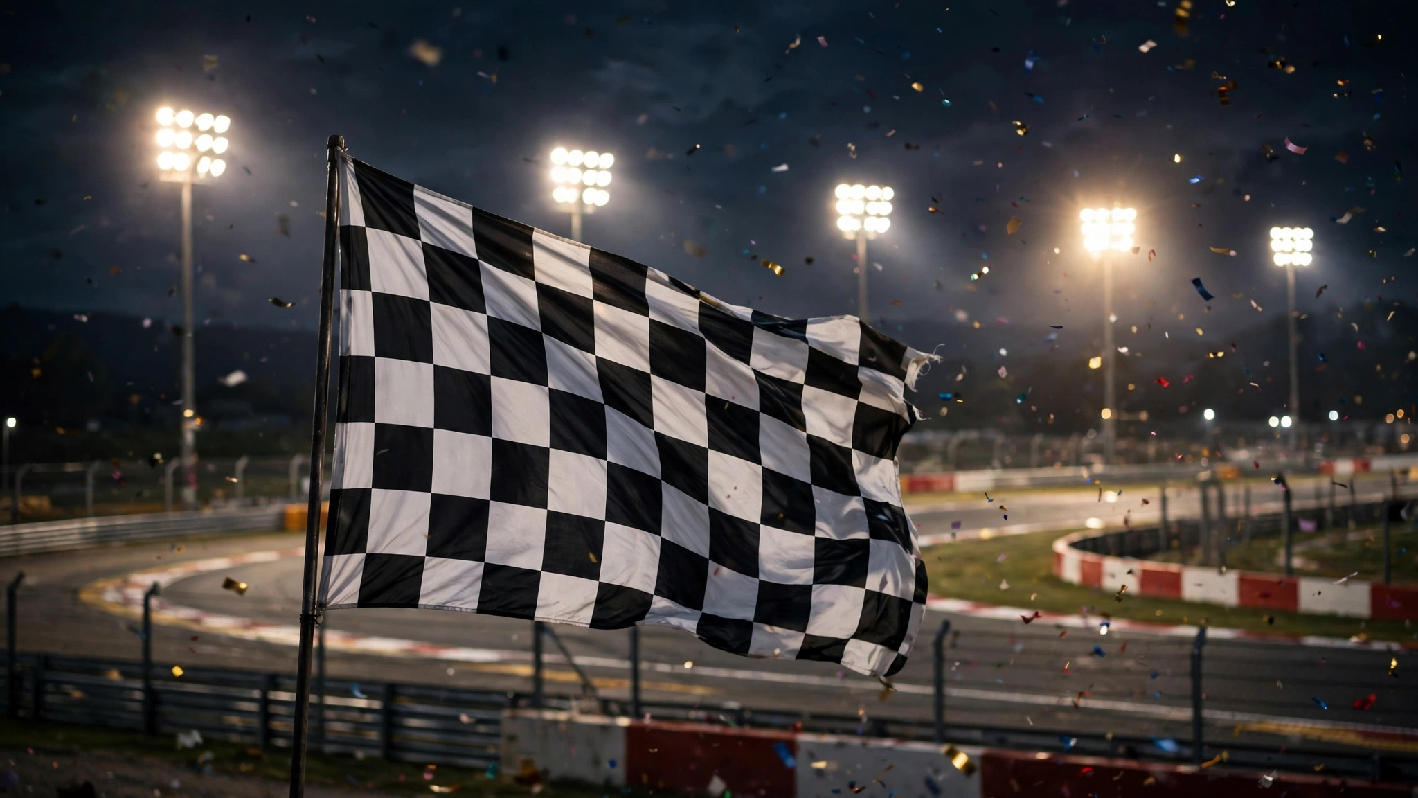 A checkered flag waving above a racetrack at night, with confetti in the air and floodlights behind it.