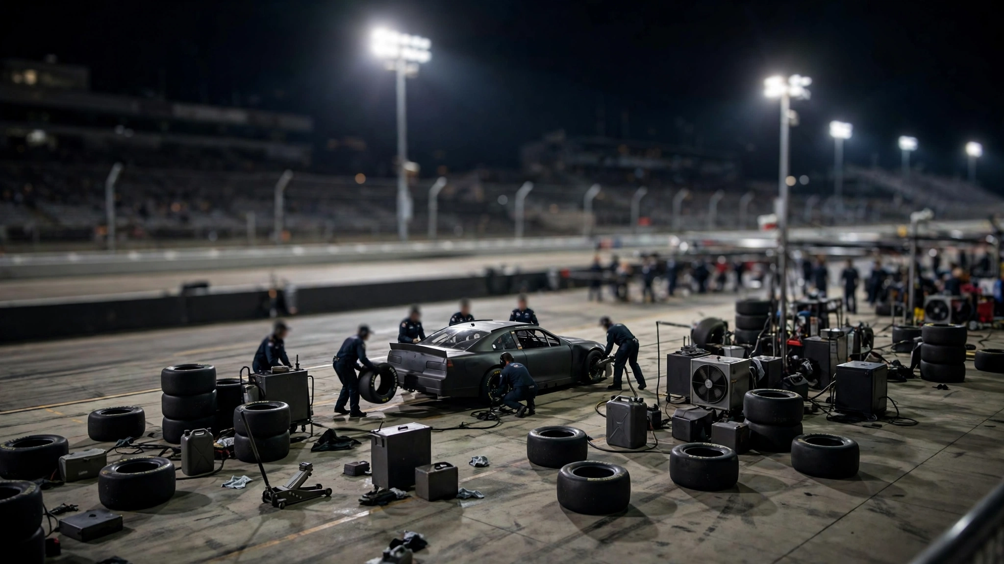 A pit crew working on a stock car in pit lane at night, with tires and equipment spread around.