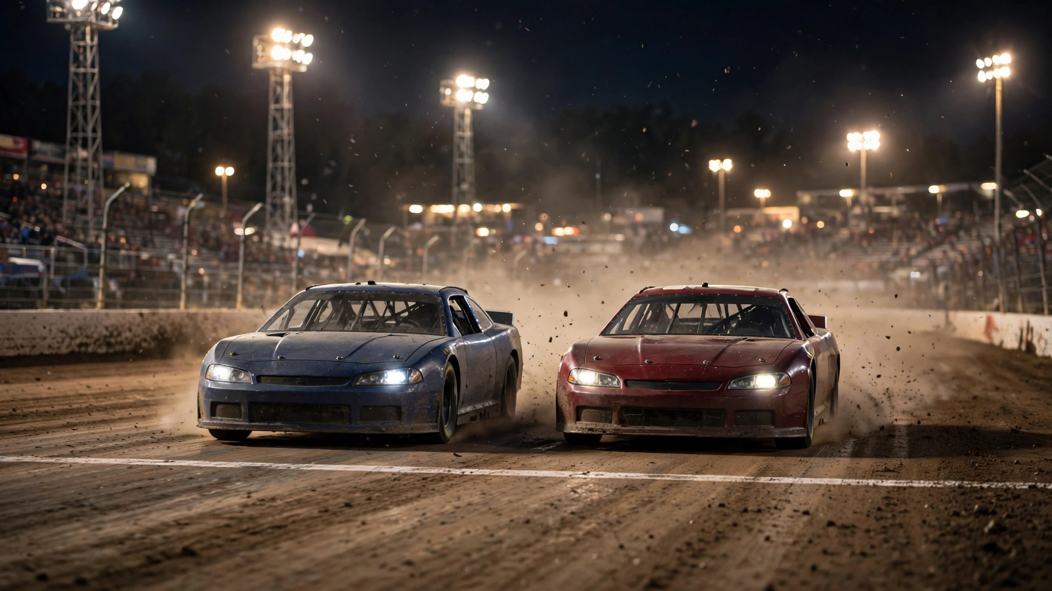 Two stock cars racing side by side under floodlights at night, kicking up dust.