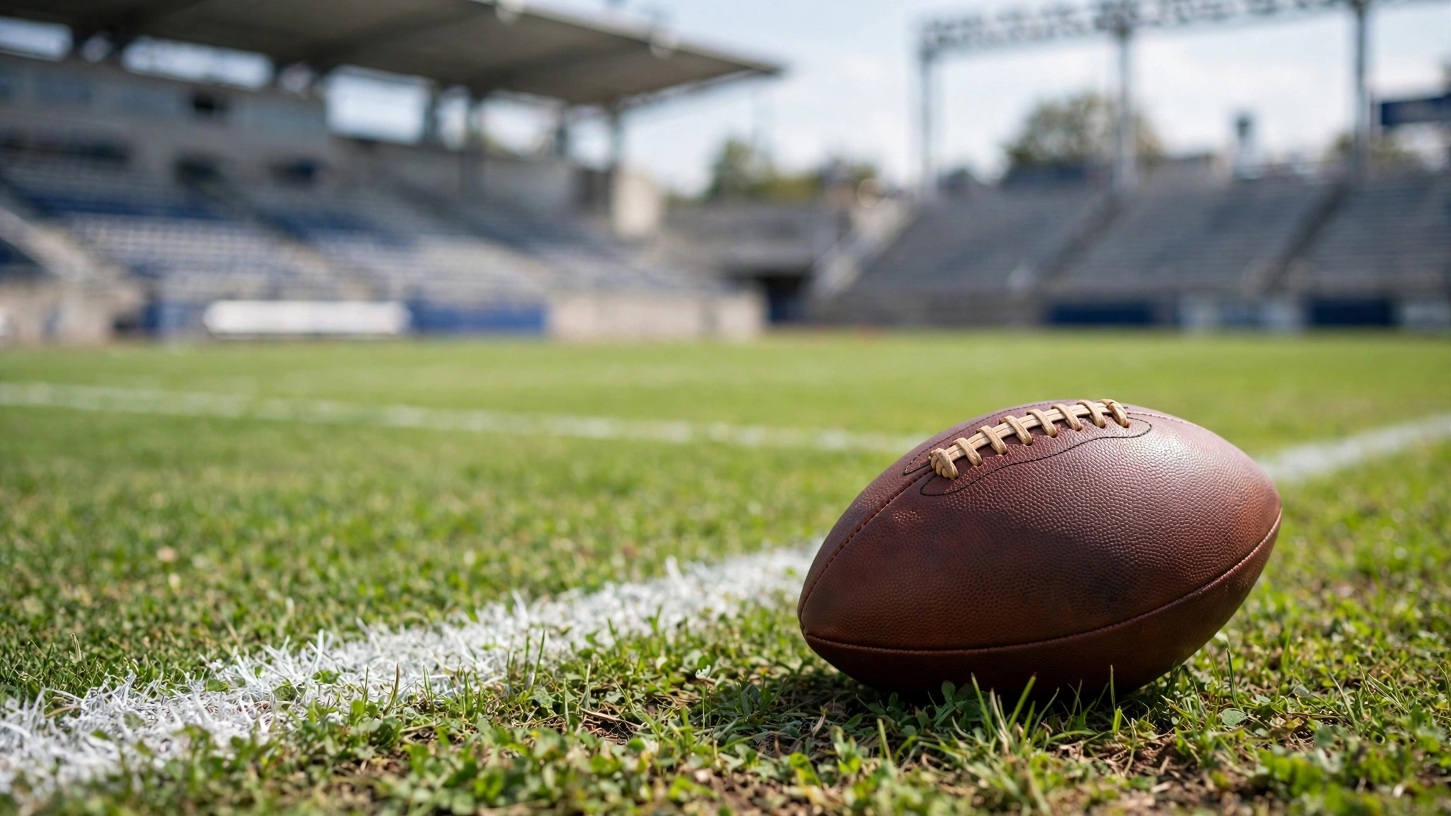 An American football resting on the grass next to a white yard line on a football field.