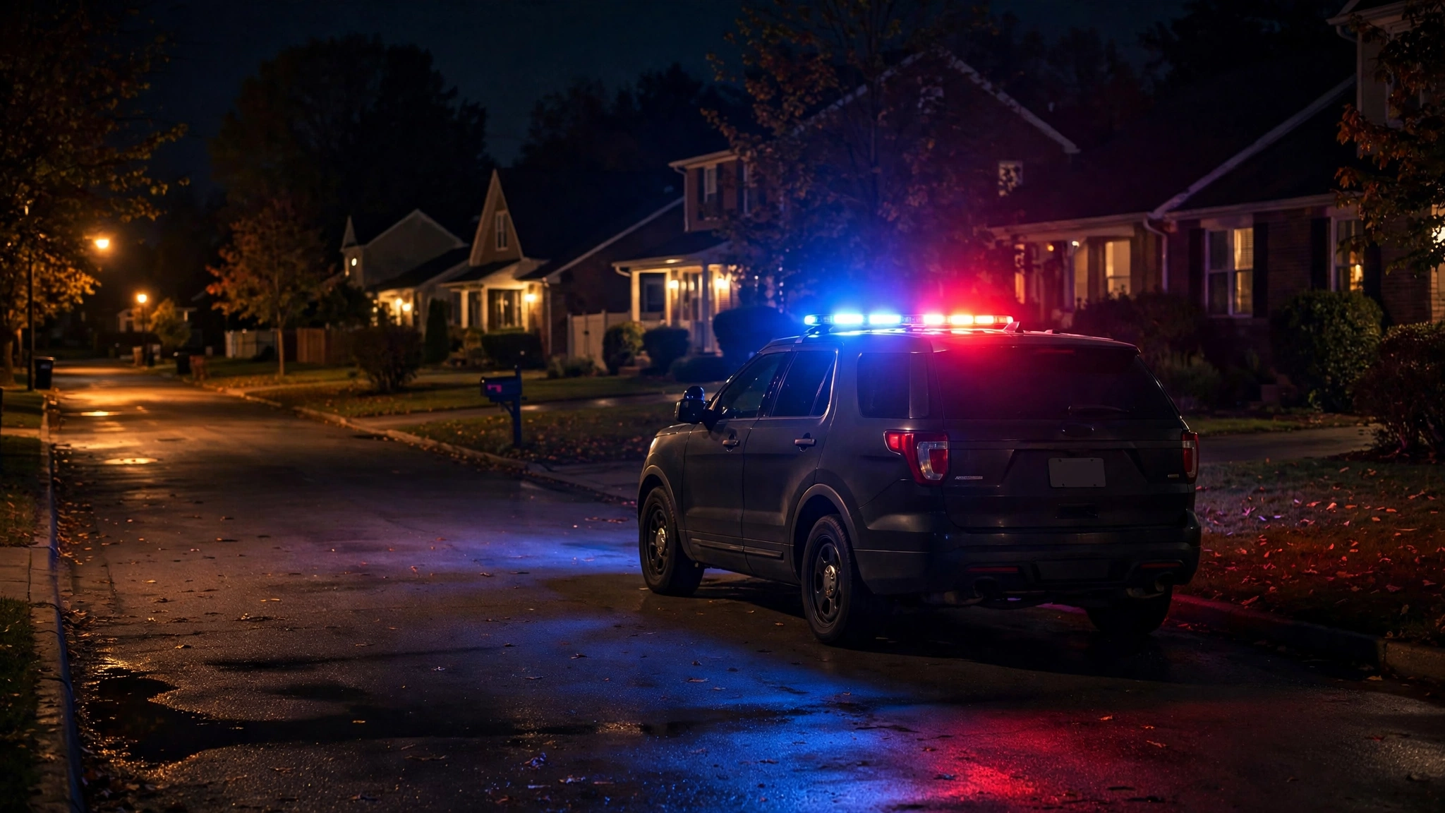 A police patrol car with red and blue lights on, parked on a quiet residential street at night.