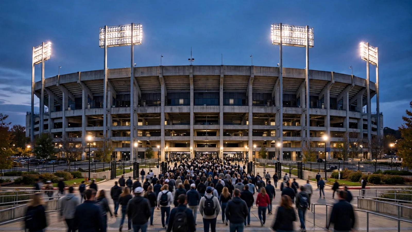 A large college football stadium lit by floodlights at dusk, with fans walking toward the entrance gates.