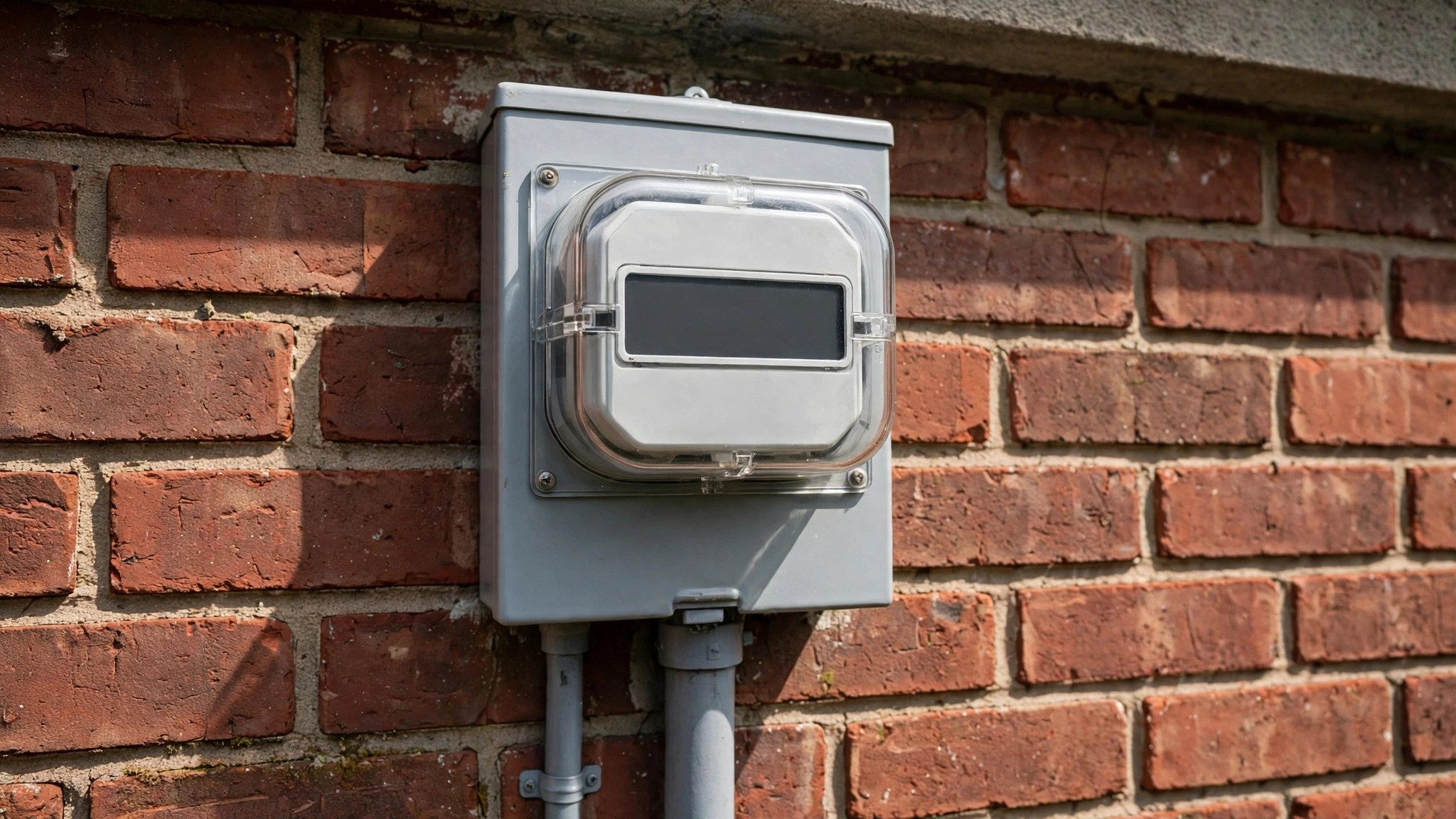 A residential electricity meter mounted on a brick house wall