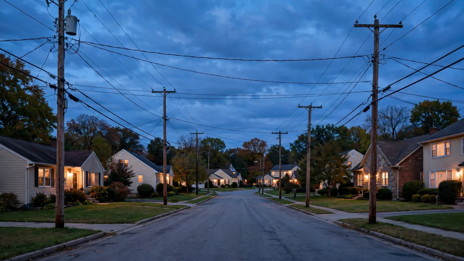 Houses with lights on along a suburban street at dusk, with utility poles and overhead power lines