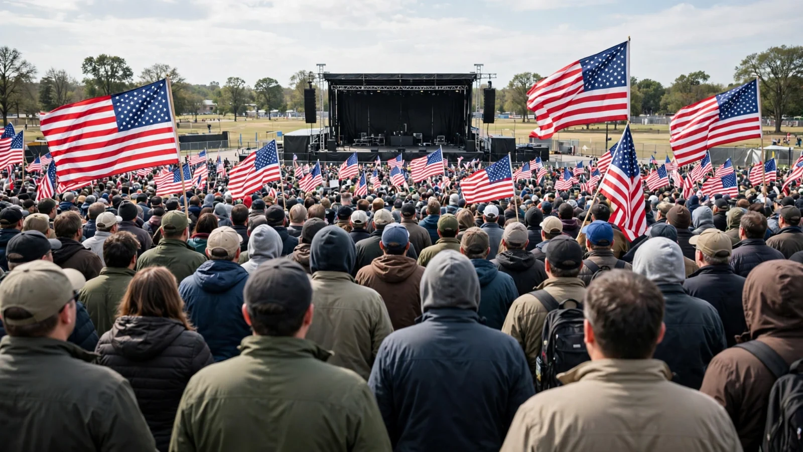 A large crowd holding American flags in front of an outdoor stage at a campaign rally.