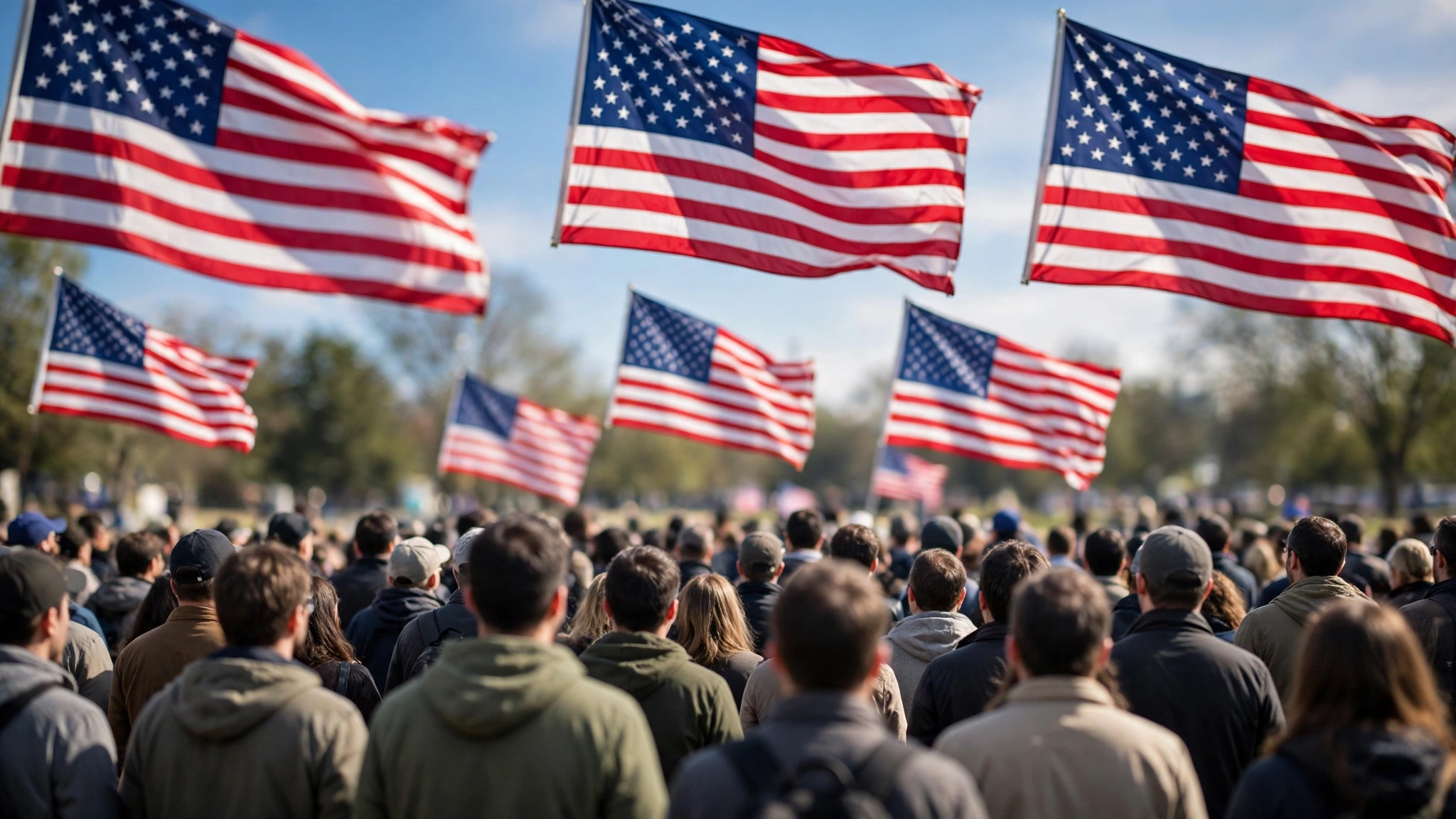 American flags waving above a crowd of people at an outdoor event.