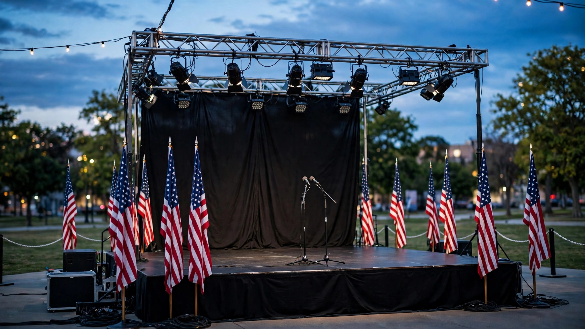 An empty outdoor stage with microphones, lighting rigs and American flags, lit in the evening.