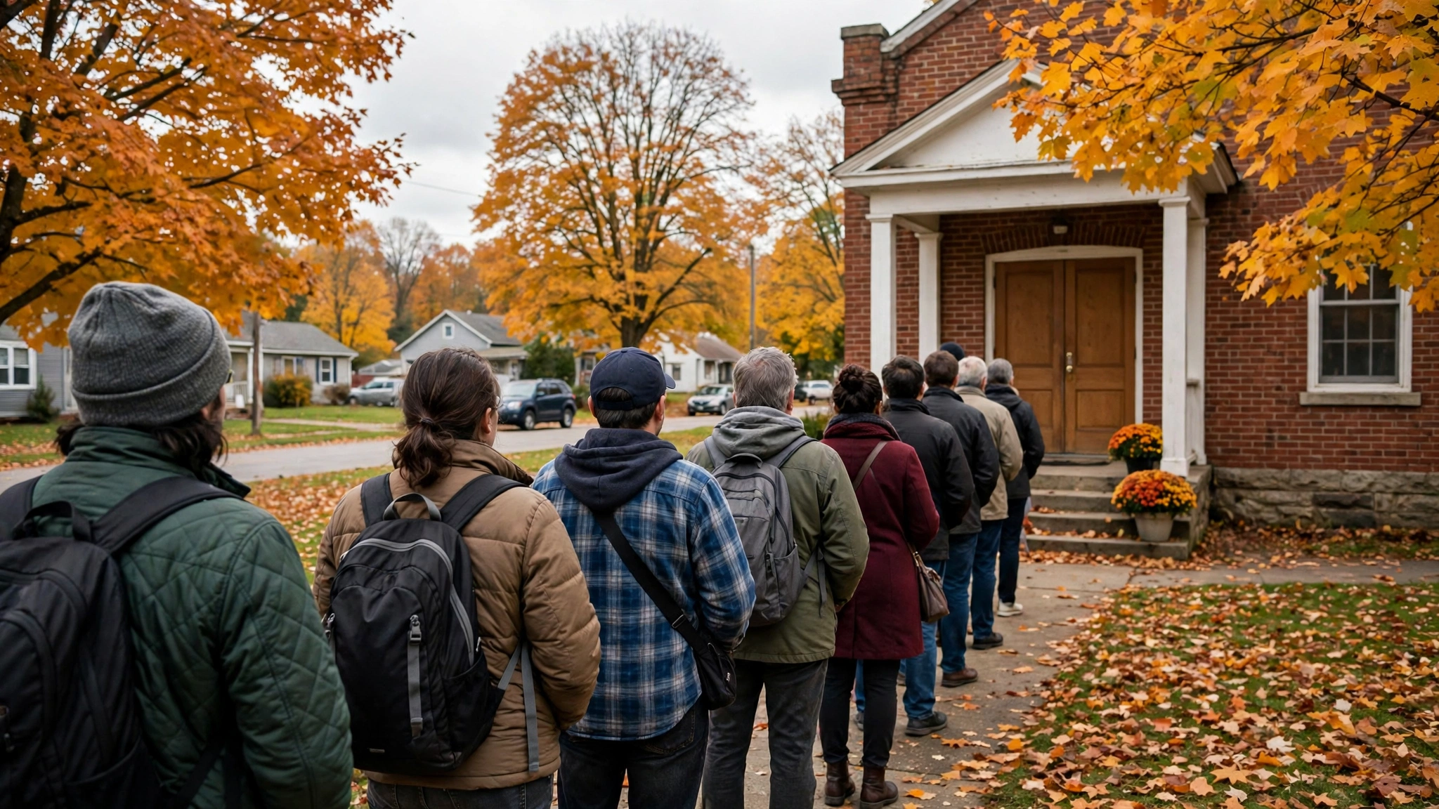 People standing in line outside a brick building on an autumn day, with fallen leaves on the ground.