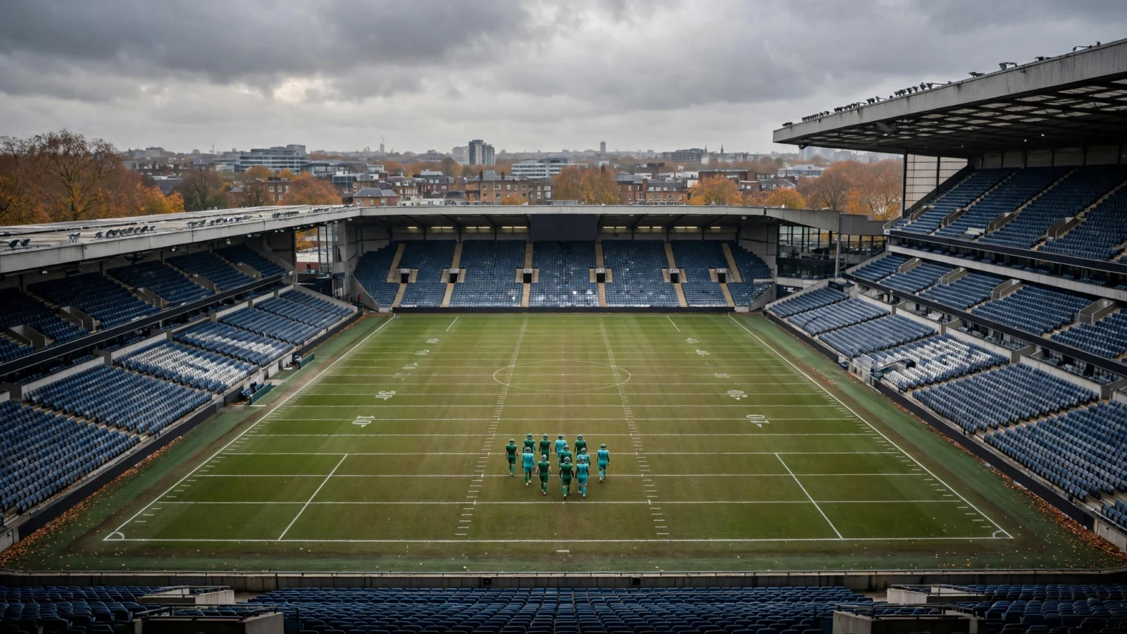An American football stadium in London under an overcast autumn sky, with players in green and teal uniforms gathered at midfield seen from a distance