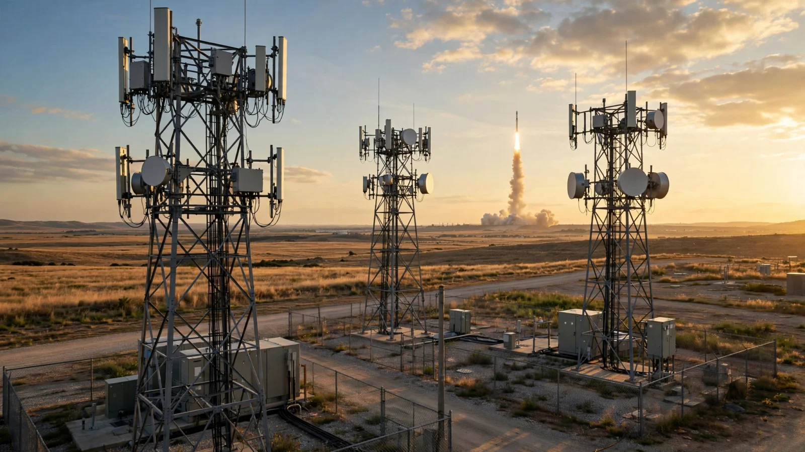 Cellular transmission towers in an open field at golden hour, with a rocket launching in the far distance