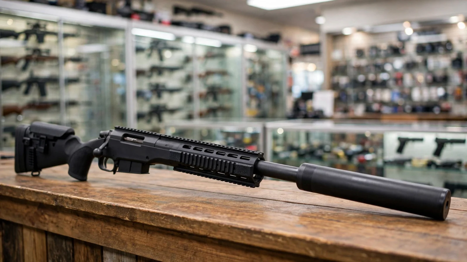 A rifle fitted with a cylindrical suppressor resting on a wooden counter inside a gun shop, with display cases of firearms blurred behind it.