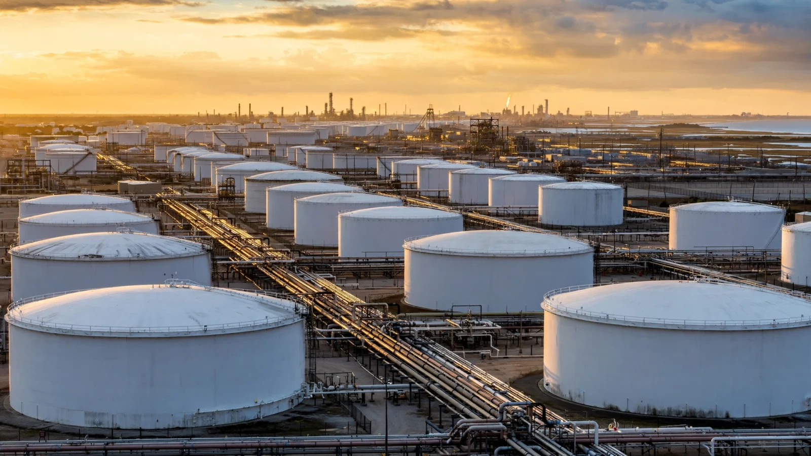 Rows of large white petroleum storage tanks at an industrial oil terminal at golden hour, with refinery structures in the distance.
