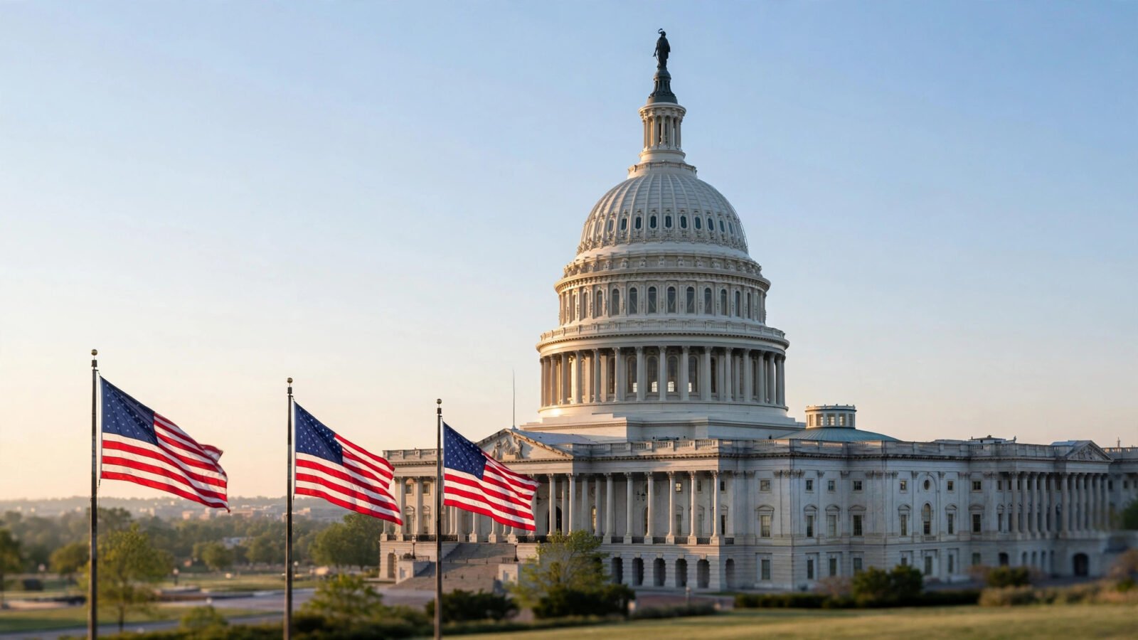 The dome of the U.S. Capitol in Washington, D.C. with American flags waving in the foreground