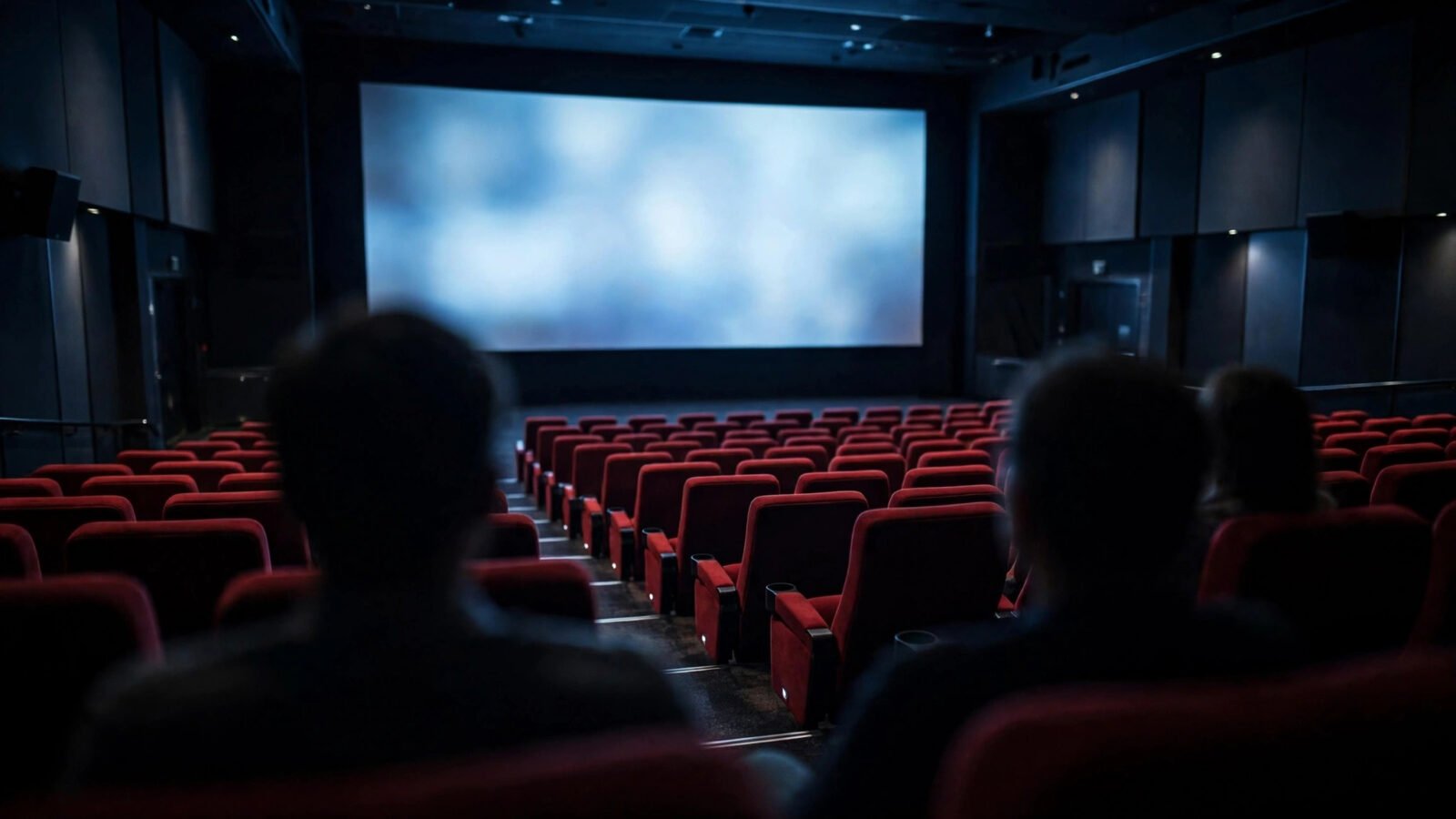 A dark movie theater auditorium with rows of red seats facing a large glowing screen, a few audience members silhouetted in the foreground.